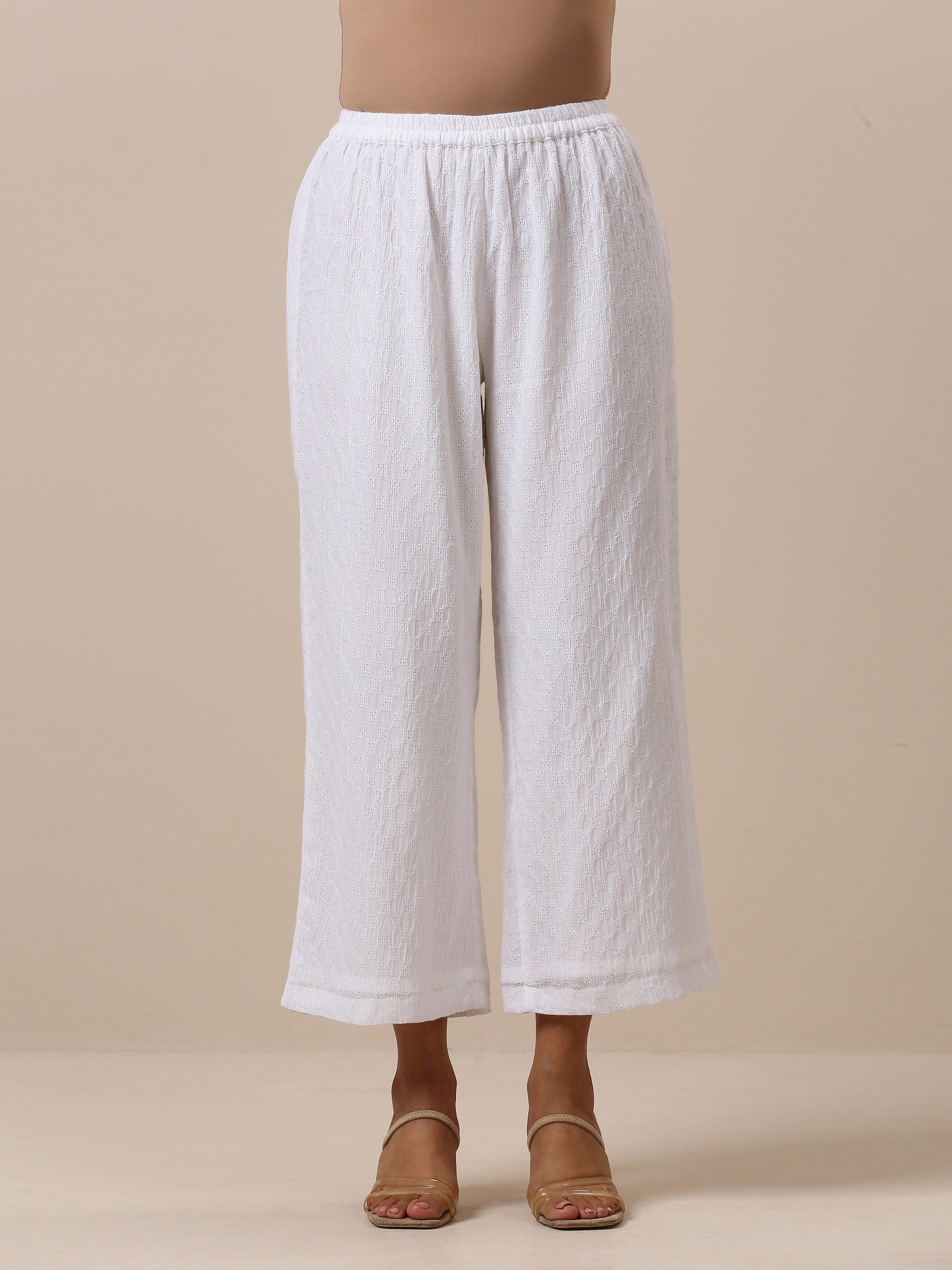 Cotton White Schiffli Weave Kurta Pant Set - trueBrowns