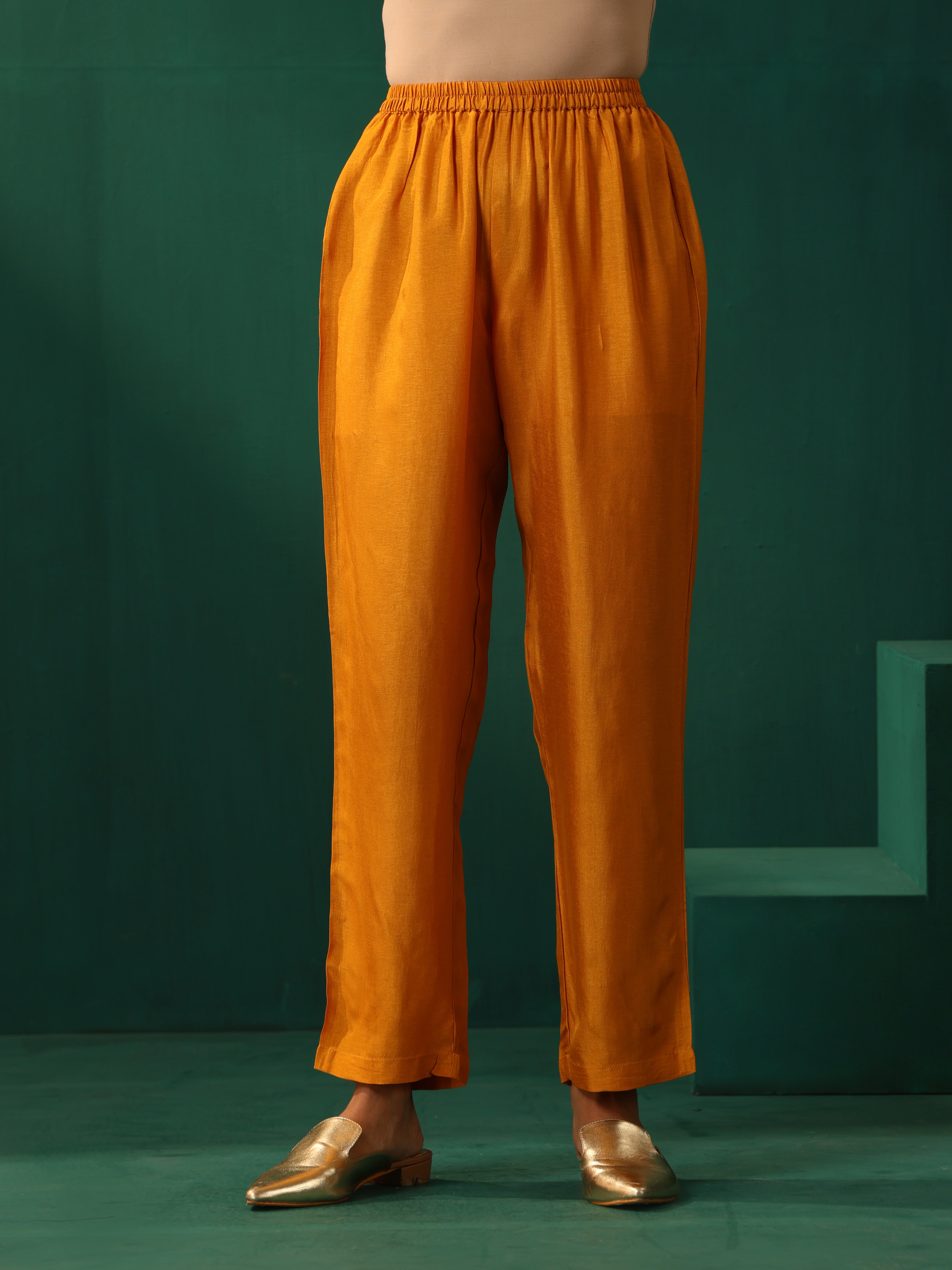 trueBrowns Mustard Geometric Viscose Silk Kurta Pant Set