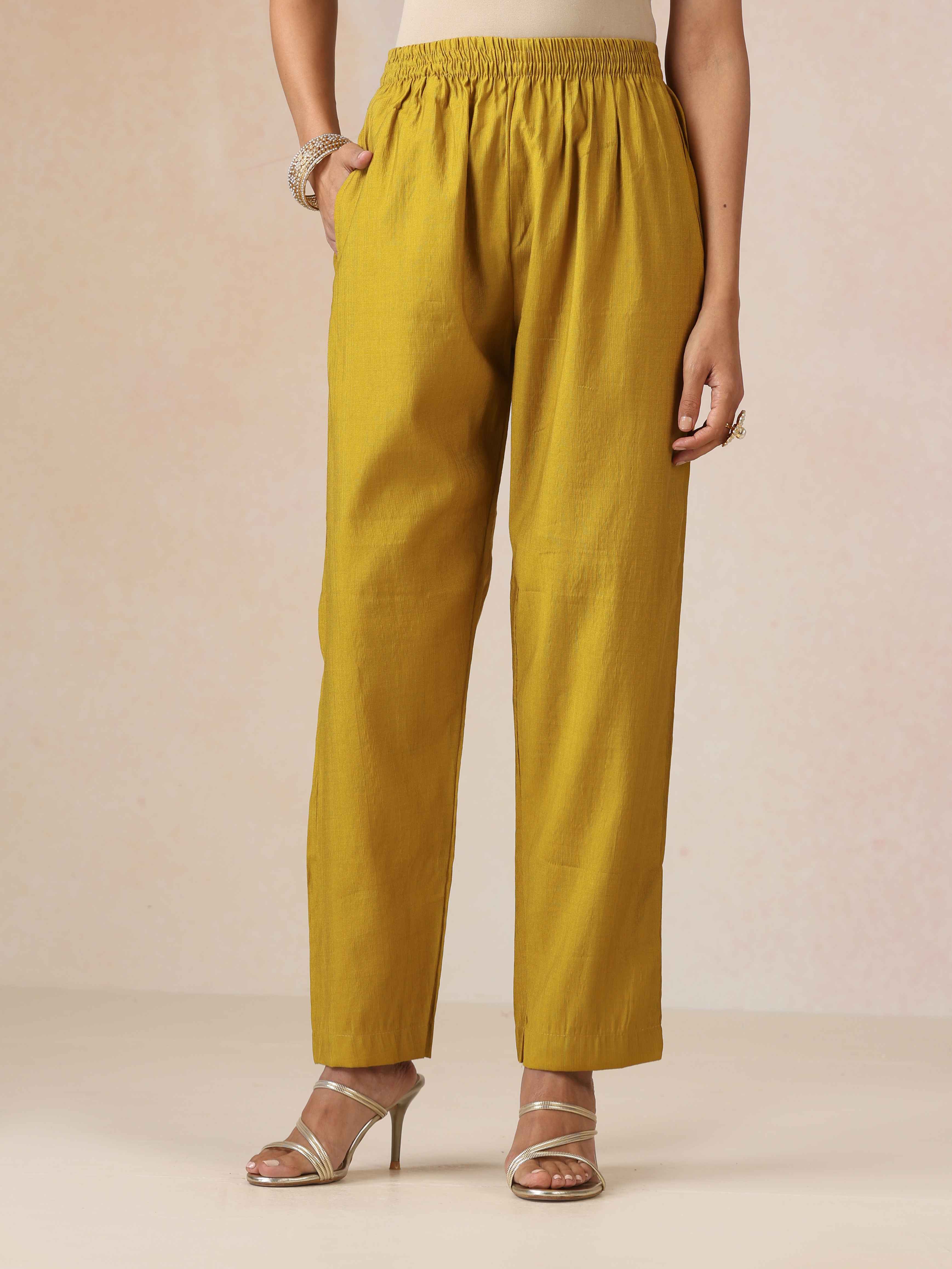 trueBrowns Mustard Embroidered Straight Kurta Pant Dupatta Set
