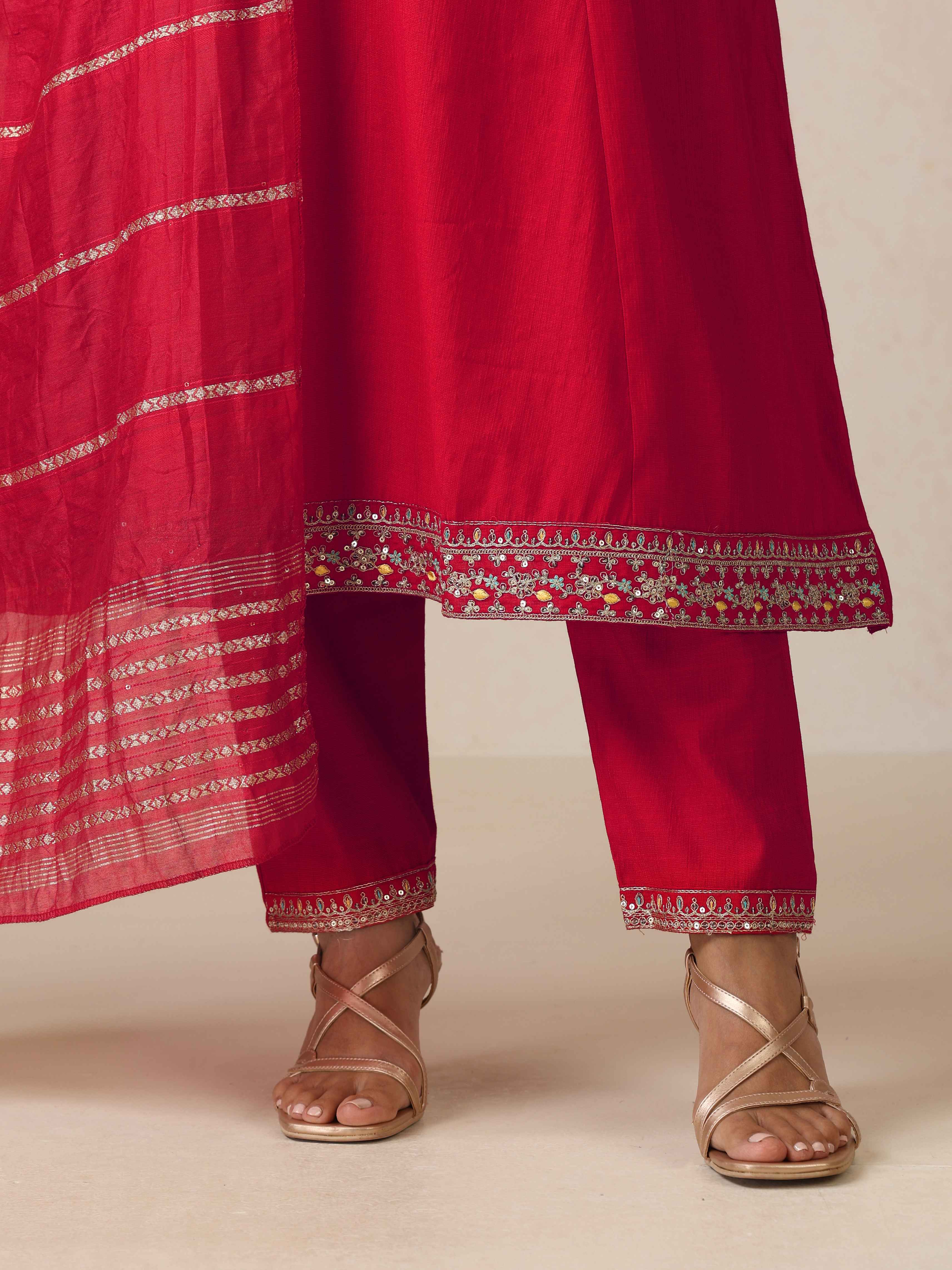 trueBrowns Red Embroidered A-line Kurta 3pc Set