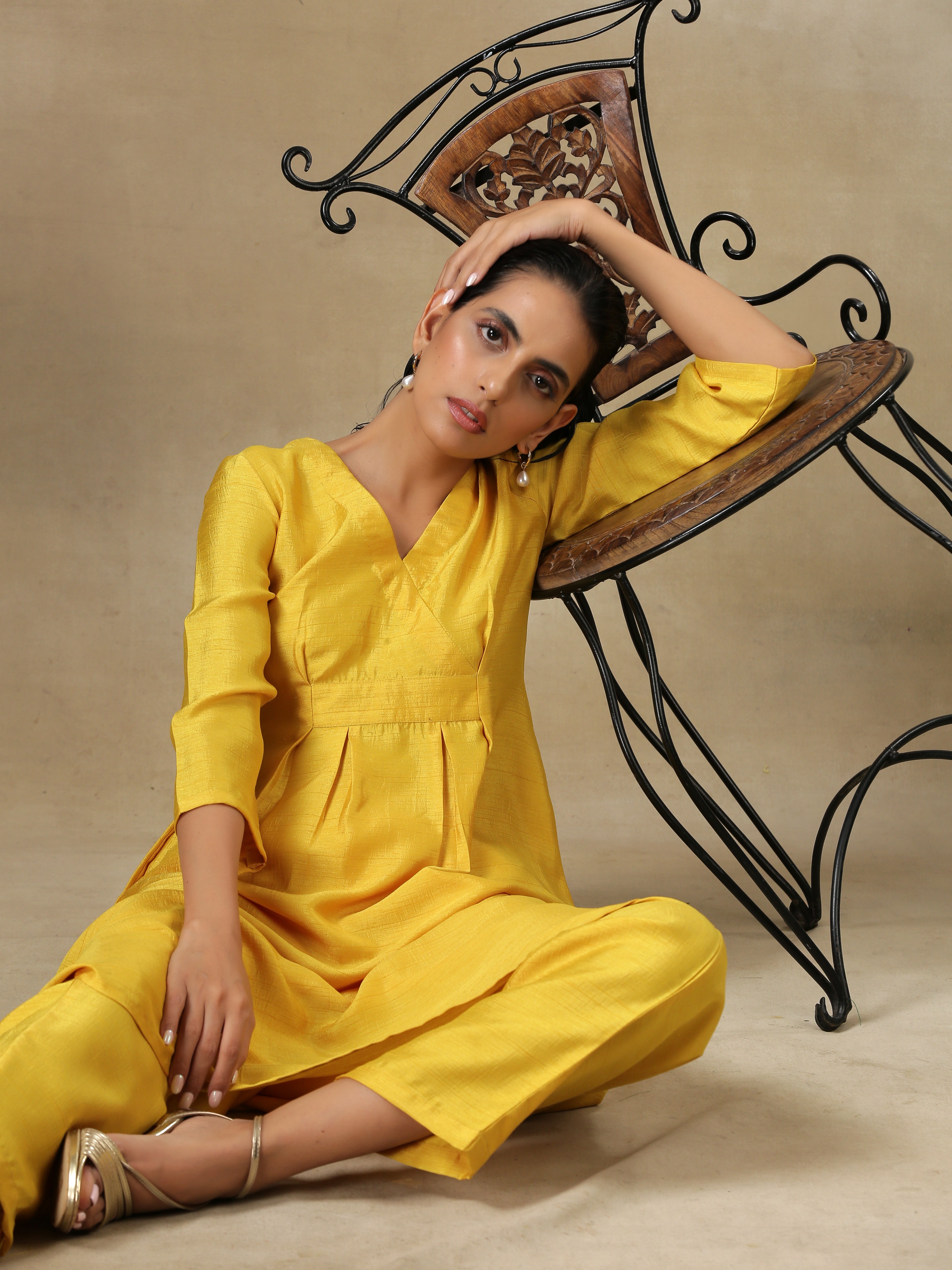Yellow Textured Silk Overlap Pleat Kurta Pant Set