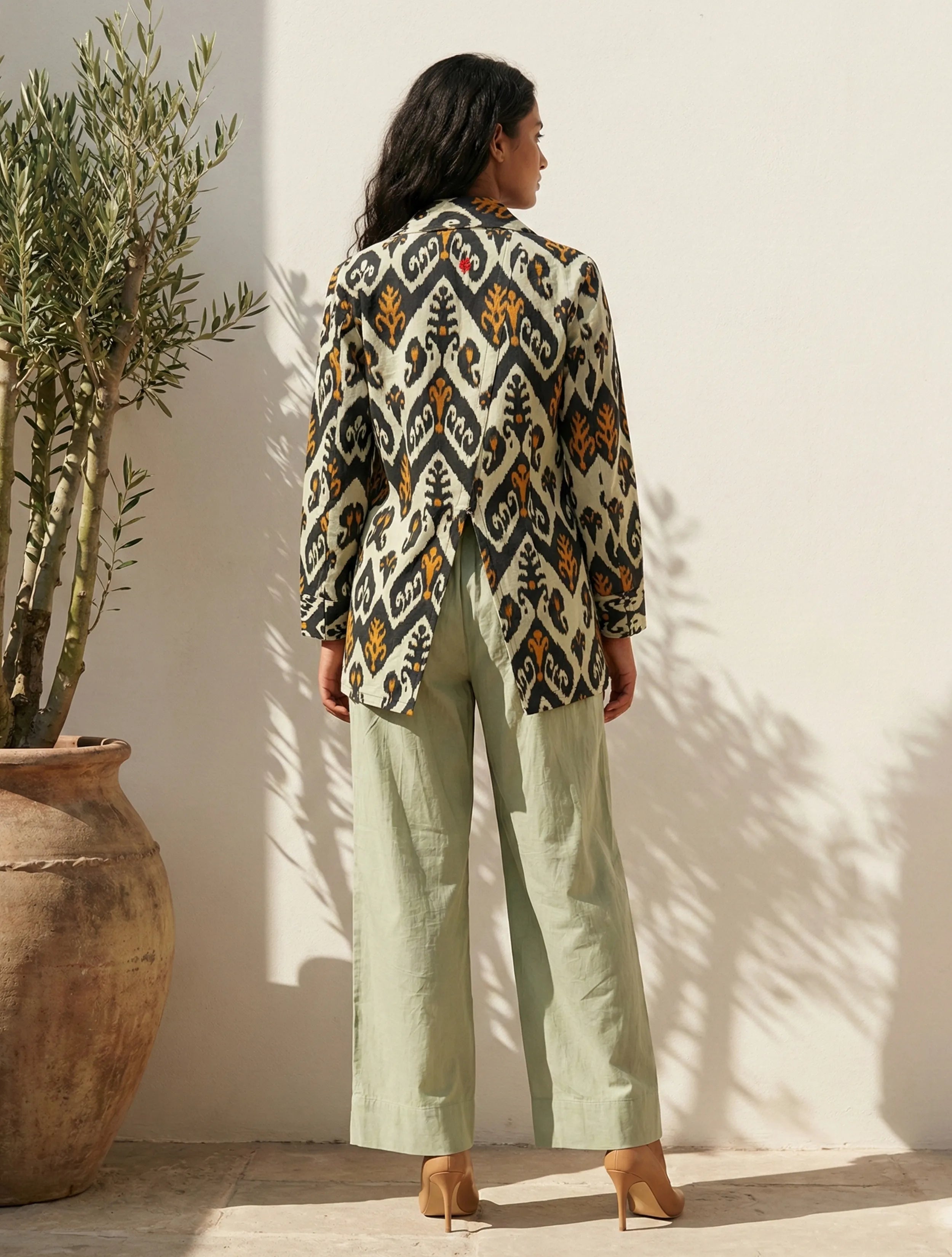 trueBrowns Mint Green Ikat Print Cotton Poplin Blazer Co-Ord Set