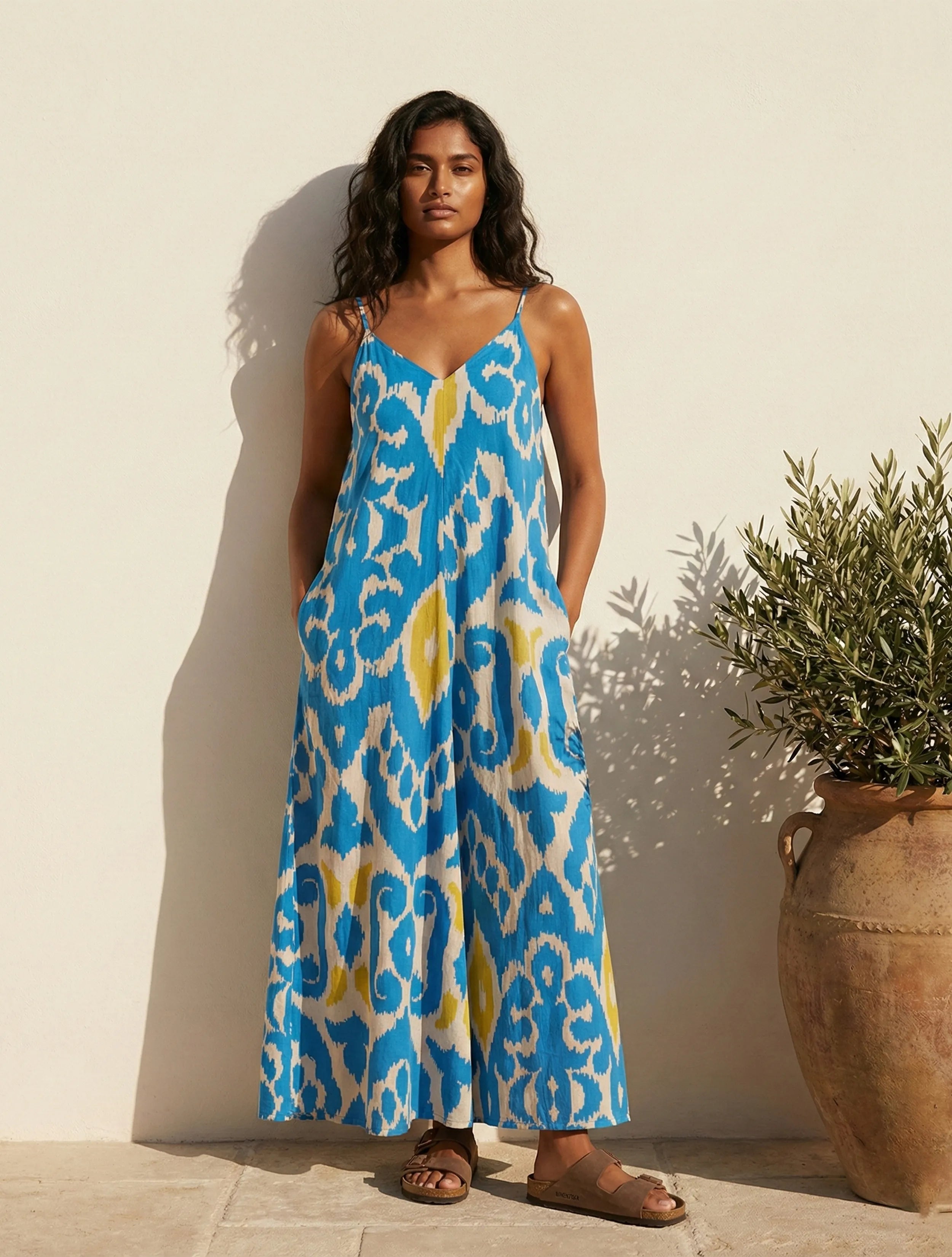 trueBrowns Blue Ikat Print Cotton Mull Strappy Maxi Dress