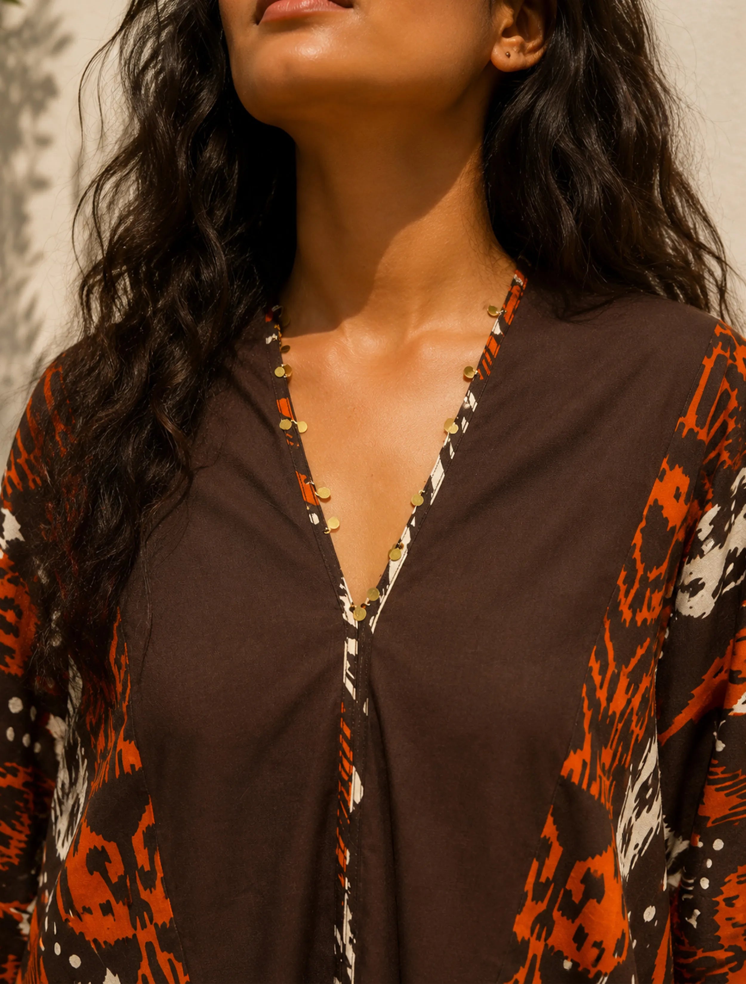 trueBrowns Cola Orange Ikat Print Cotton Kaftan Kurta Set