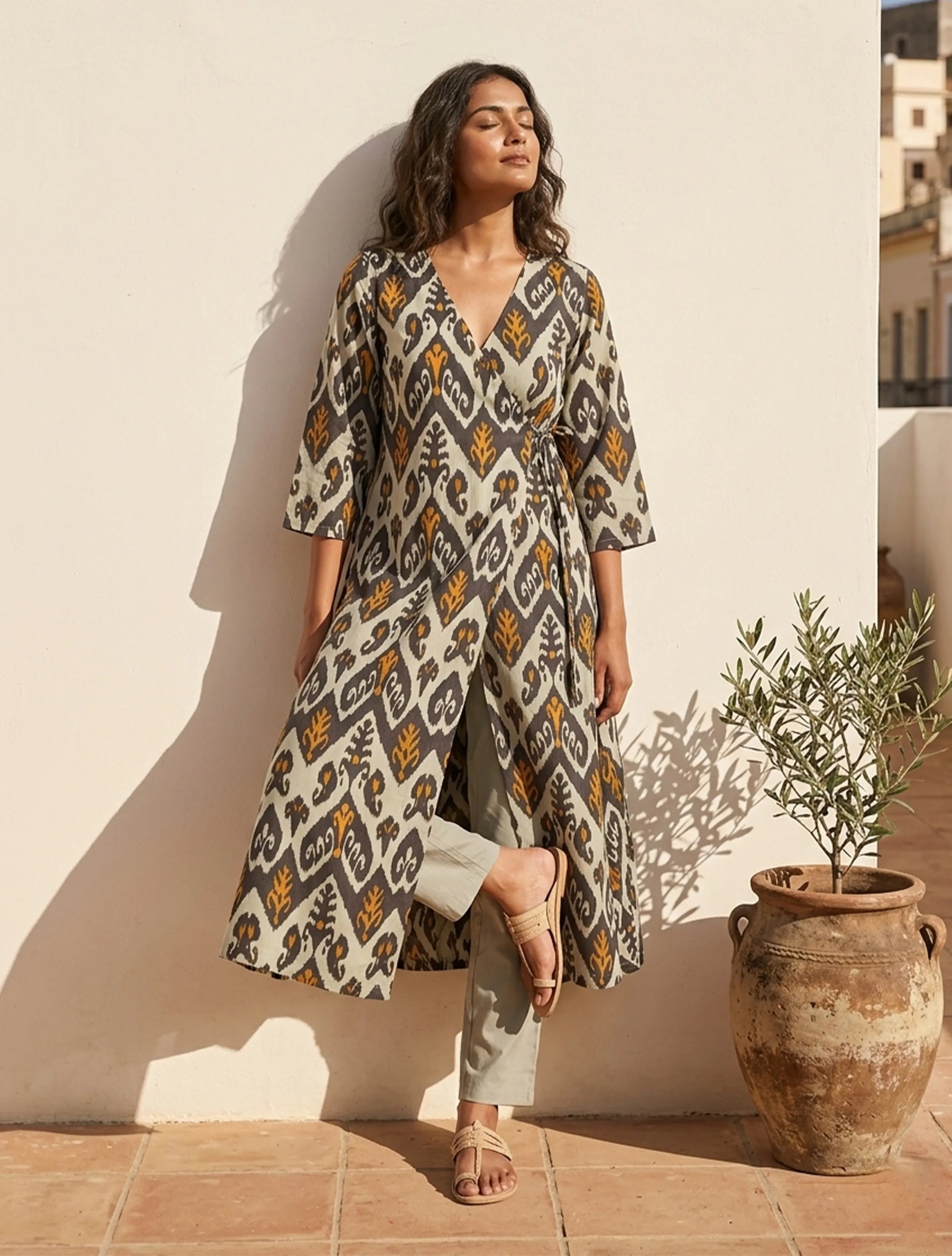trueBrowns Mint Green Ikat Print Cotton Angrakha Kurta Set