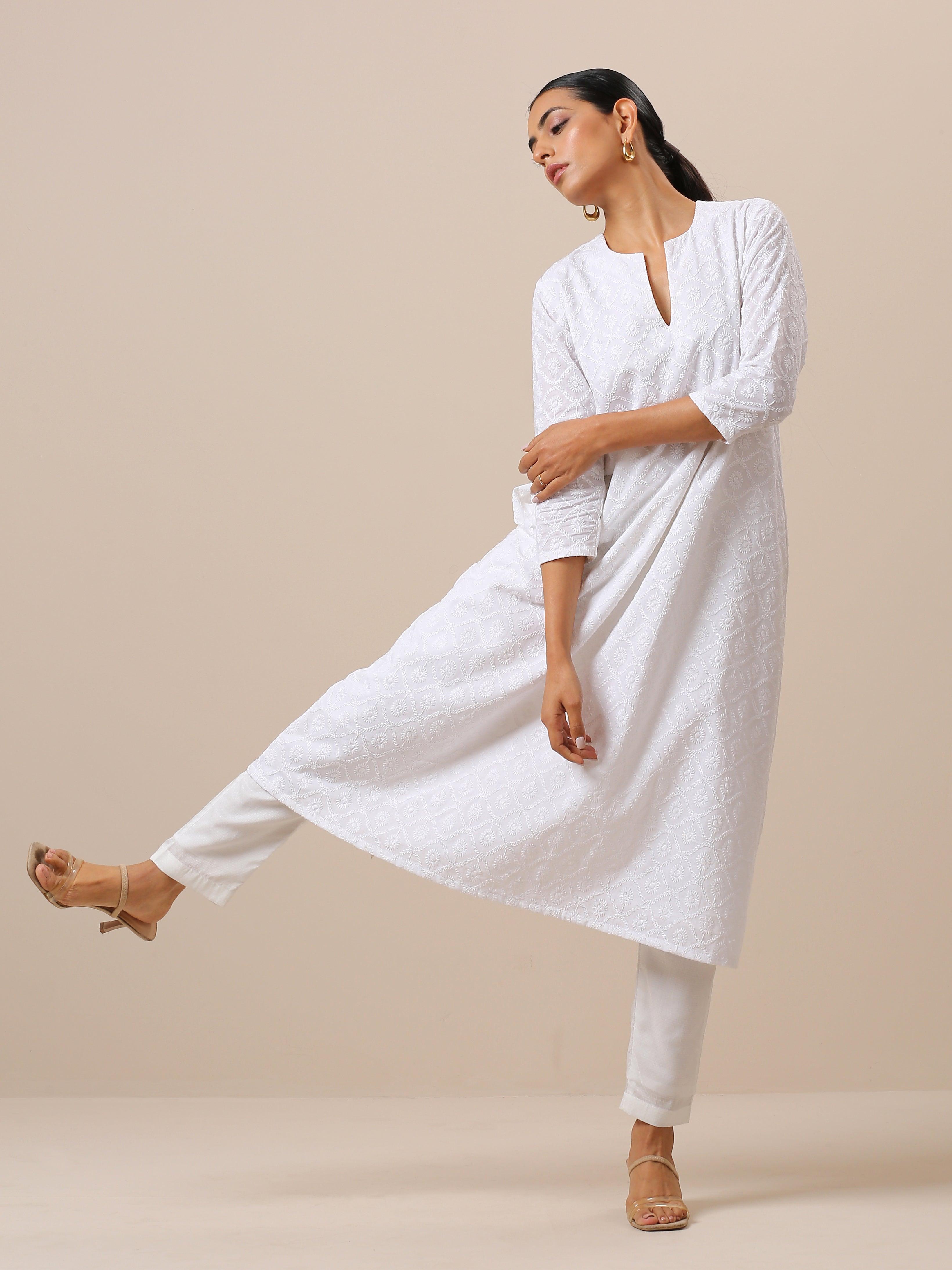 Cotton White Embroidered Flared Kurta Pant Set - trueBrowns