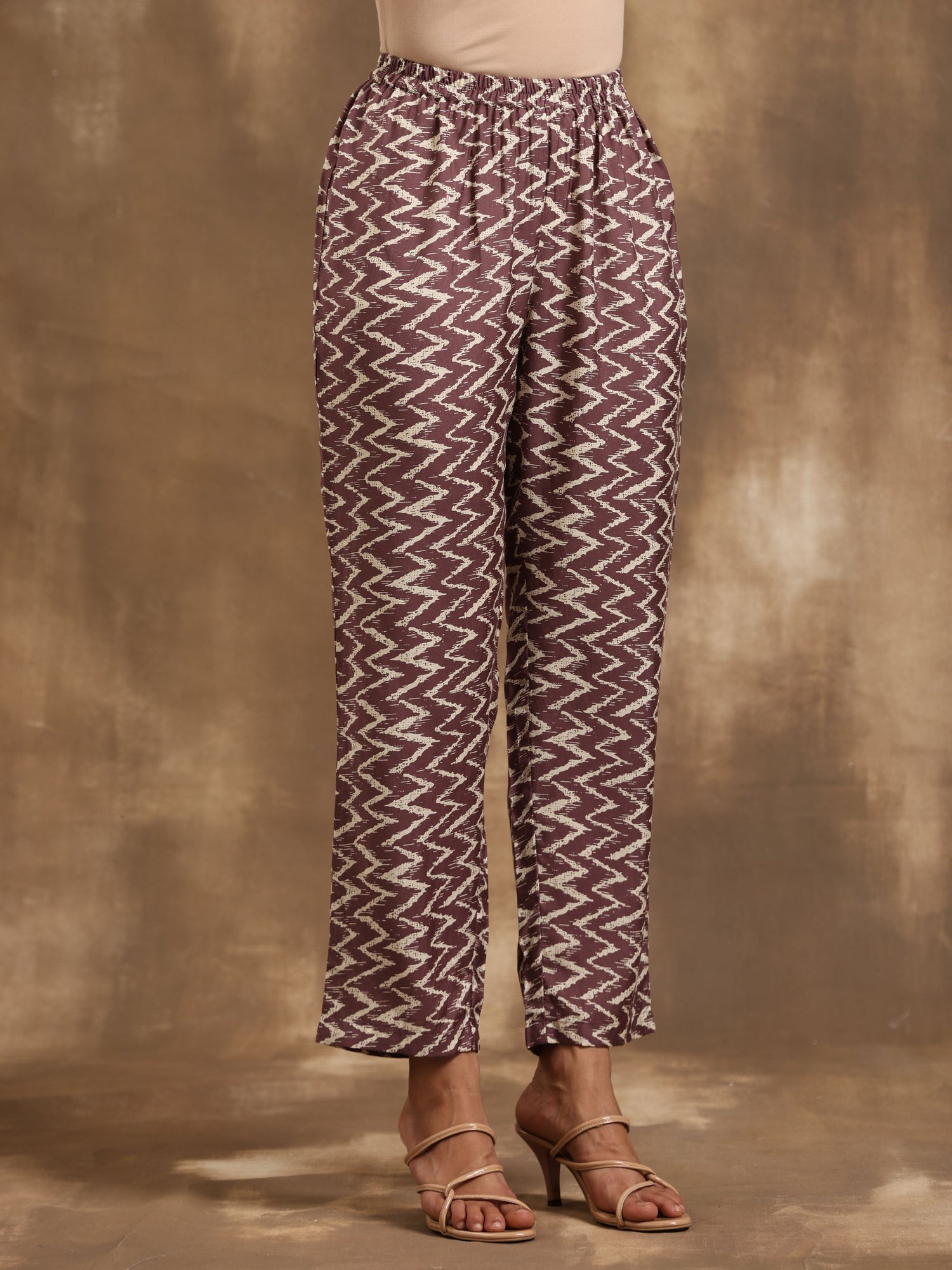 Dark Mauve Zig Zag Printed Silk Kaftan Co-Ord Set