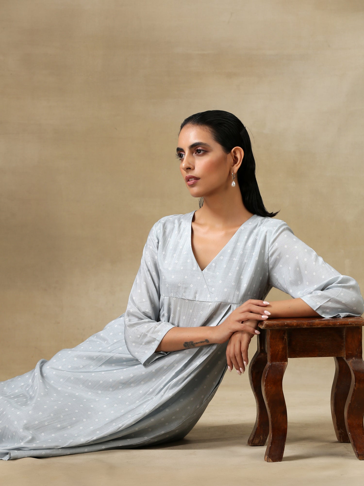 Grey Bandhani Printed Silk Yoke Kurta Pant Set