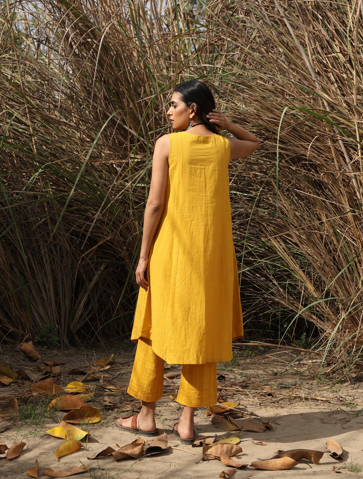 trueBrowns Mustard Cotton Embroidered Sleeveless Kurta Set