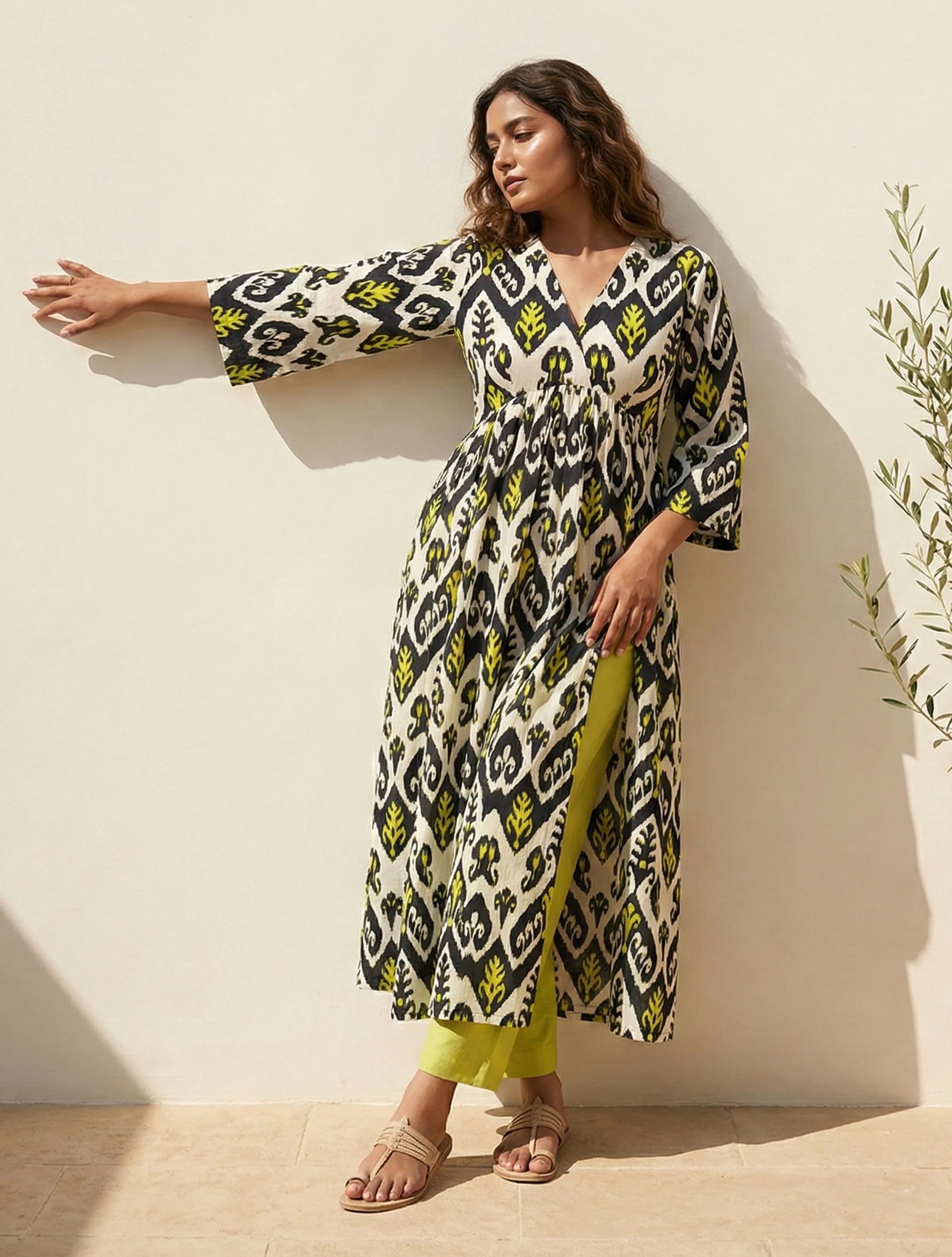trueBrowns Black White Ikat Print Cotton Anarkali High-Slit Kurta Set