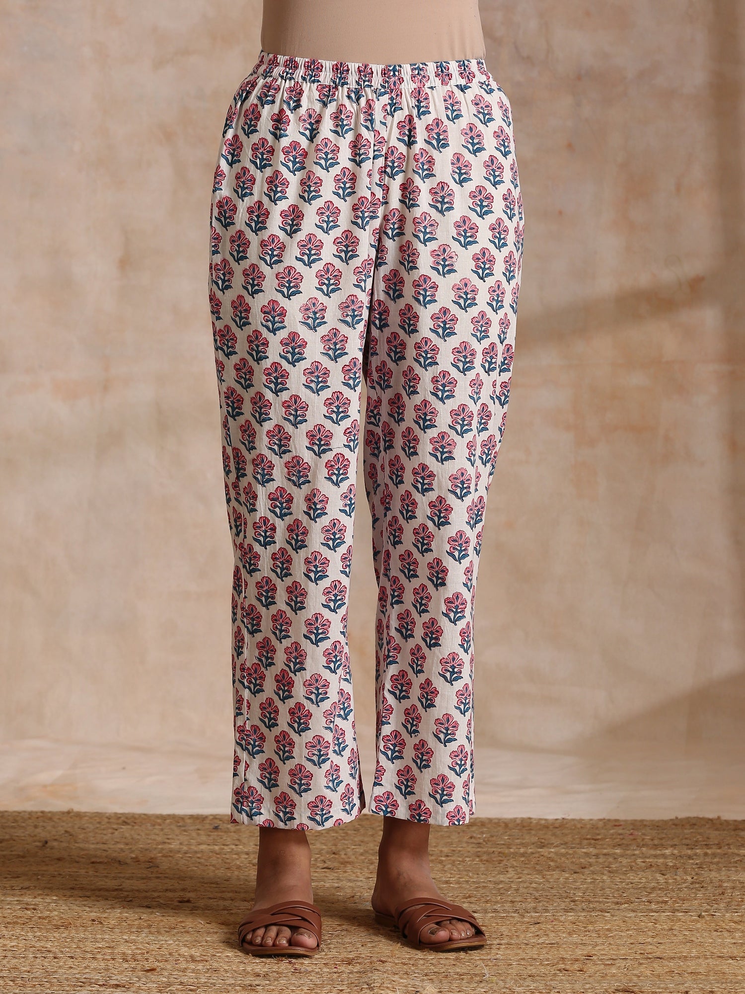 White With Pink Blue Floral Block Print Cotton Flared Slit Kurta Pant Set