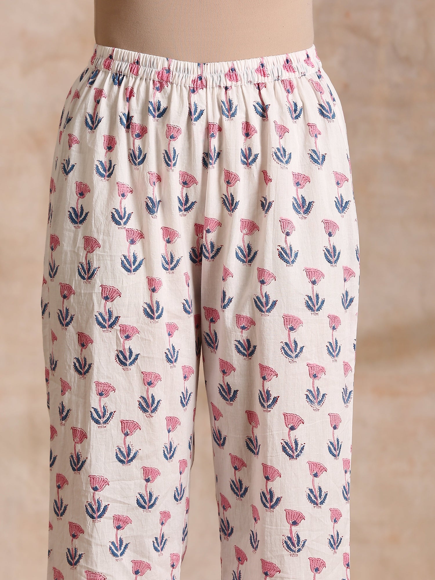White With Pink Blue Buta Block Print Cotton Kurta Pant Set