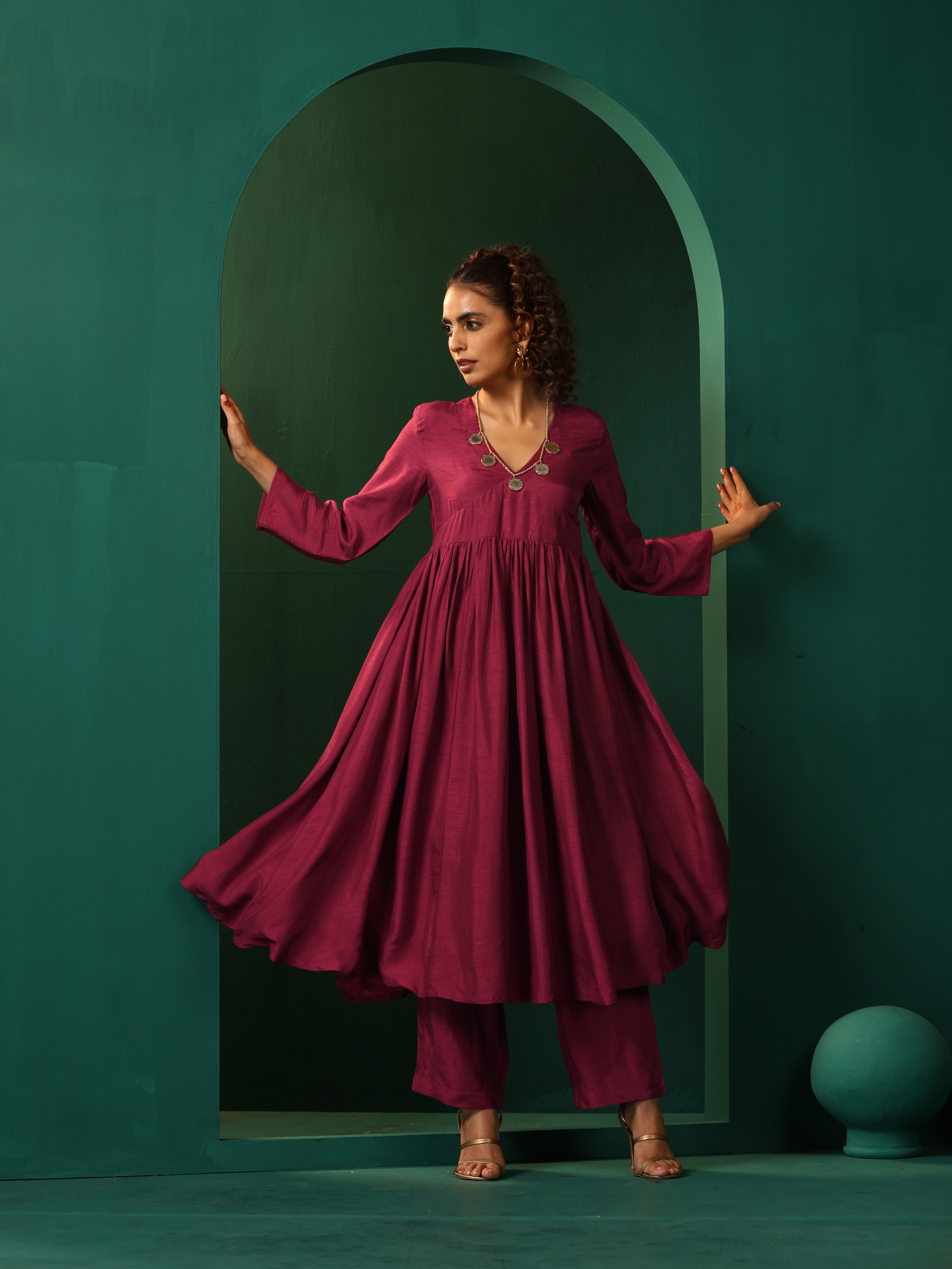 trueBrowns Maroon Silk Angrakha Kurta Pant Set