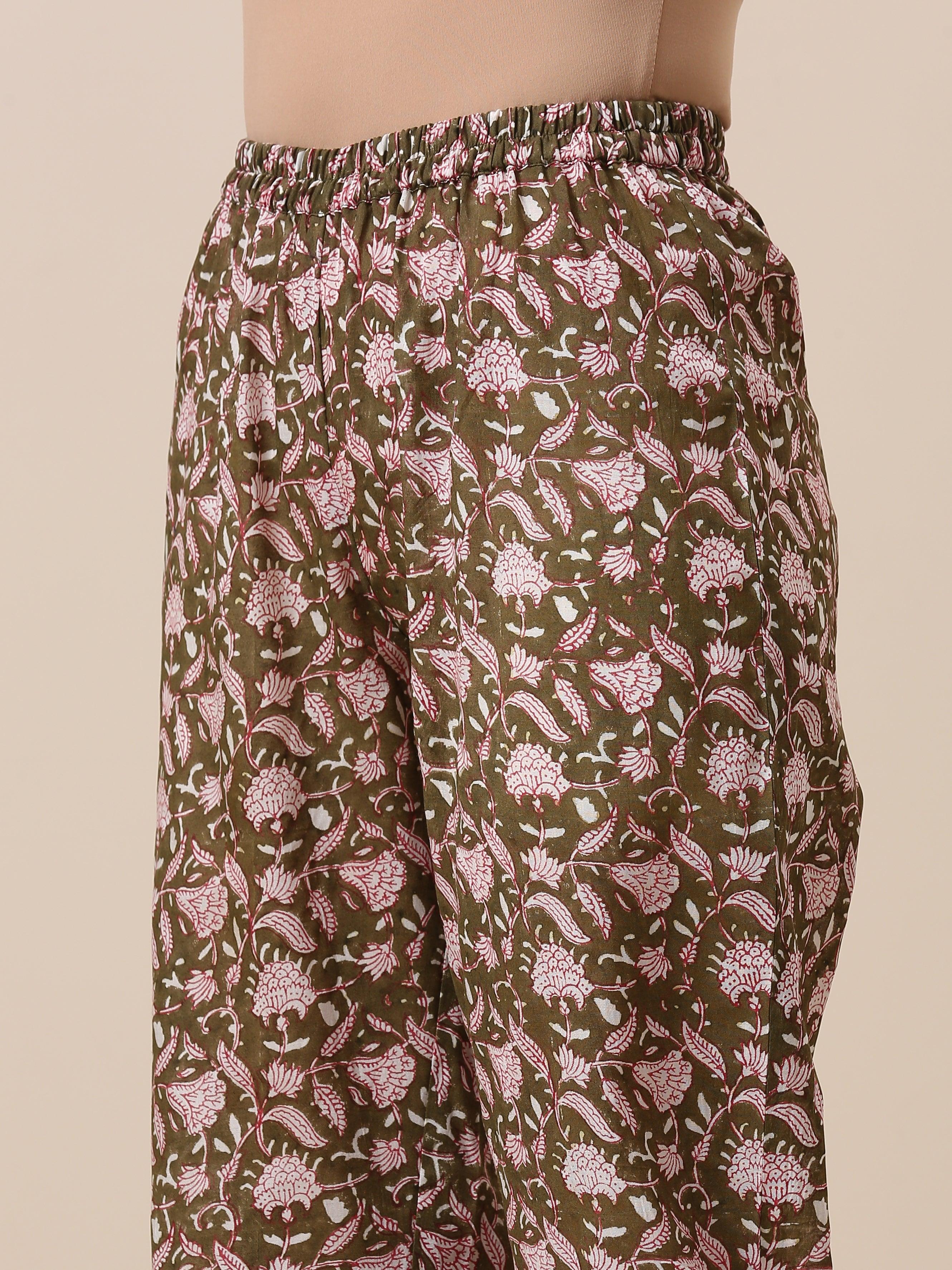 Cotton Hand Block Printed Olive Green Co-Ord Set - trueBrowns