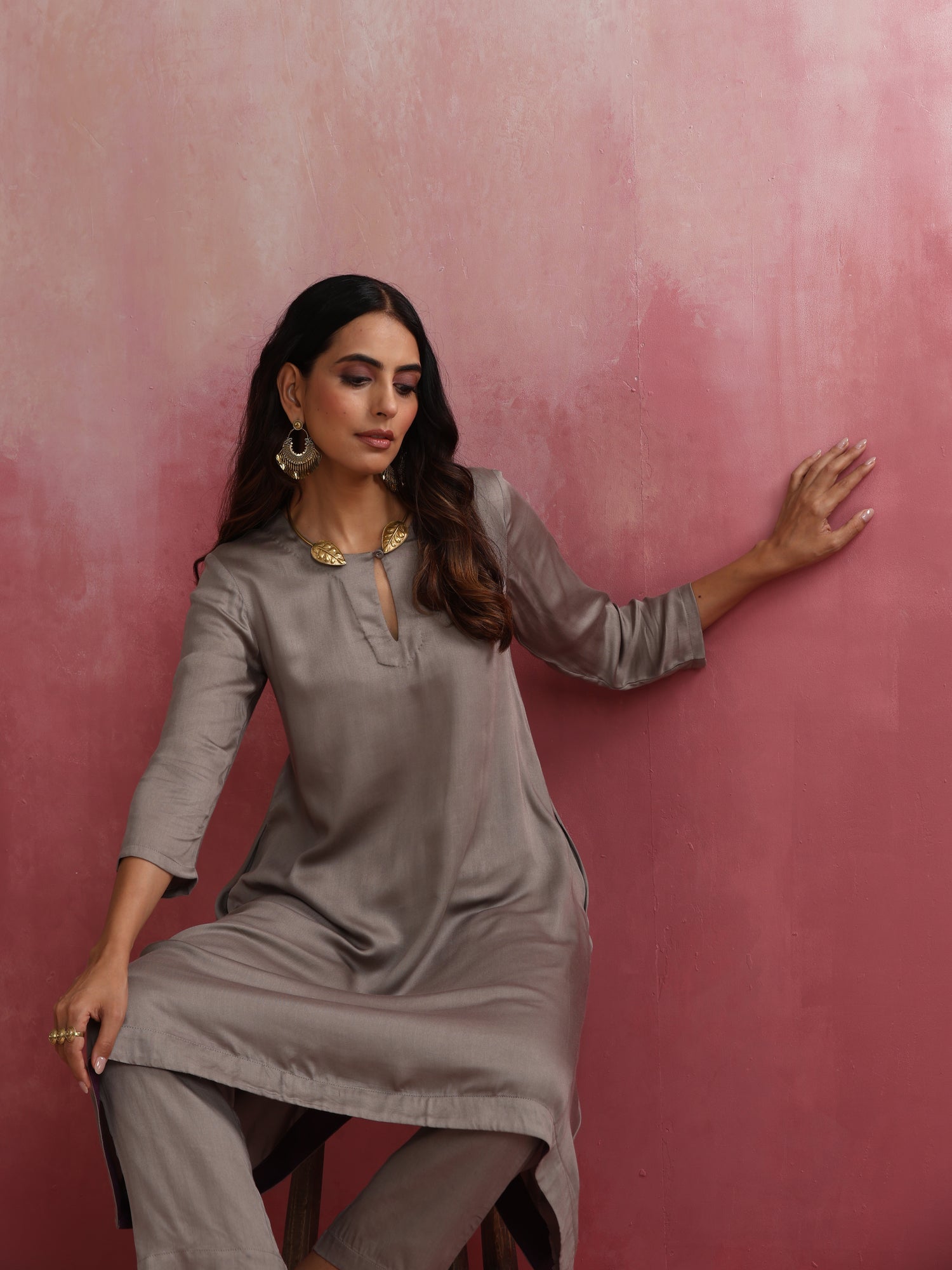 trueBrowns Grey High low Kurta Set