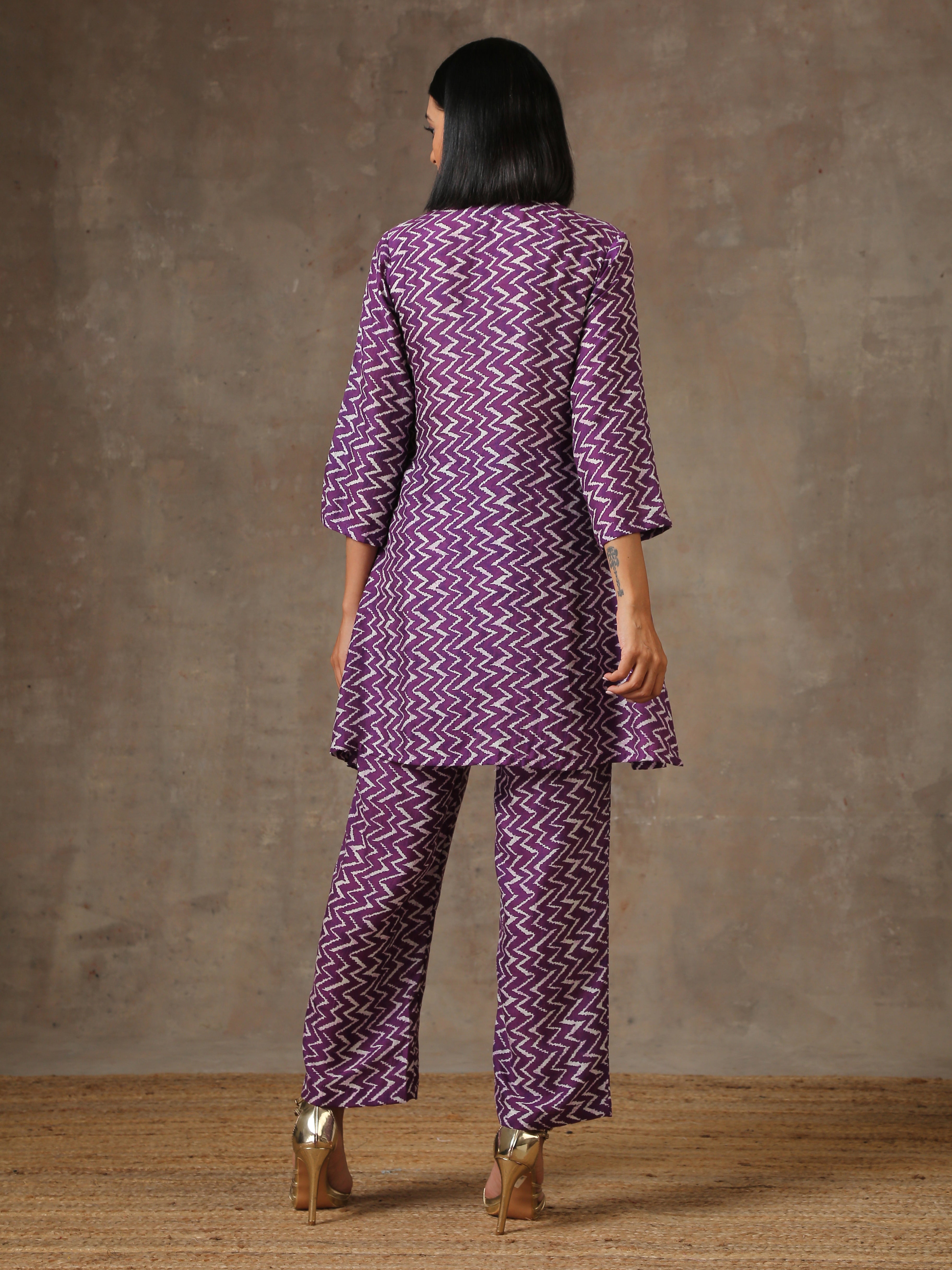 Purple White Lehariya Printed Silk Co-Ord Set
