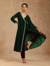 trueBrowns Green Velvet Embroidered Angrakha Kurta