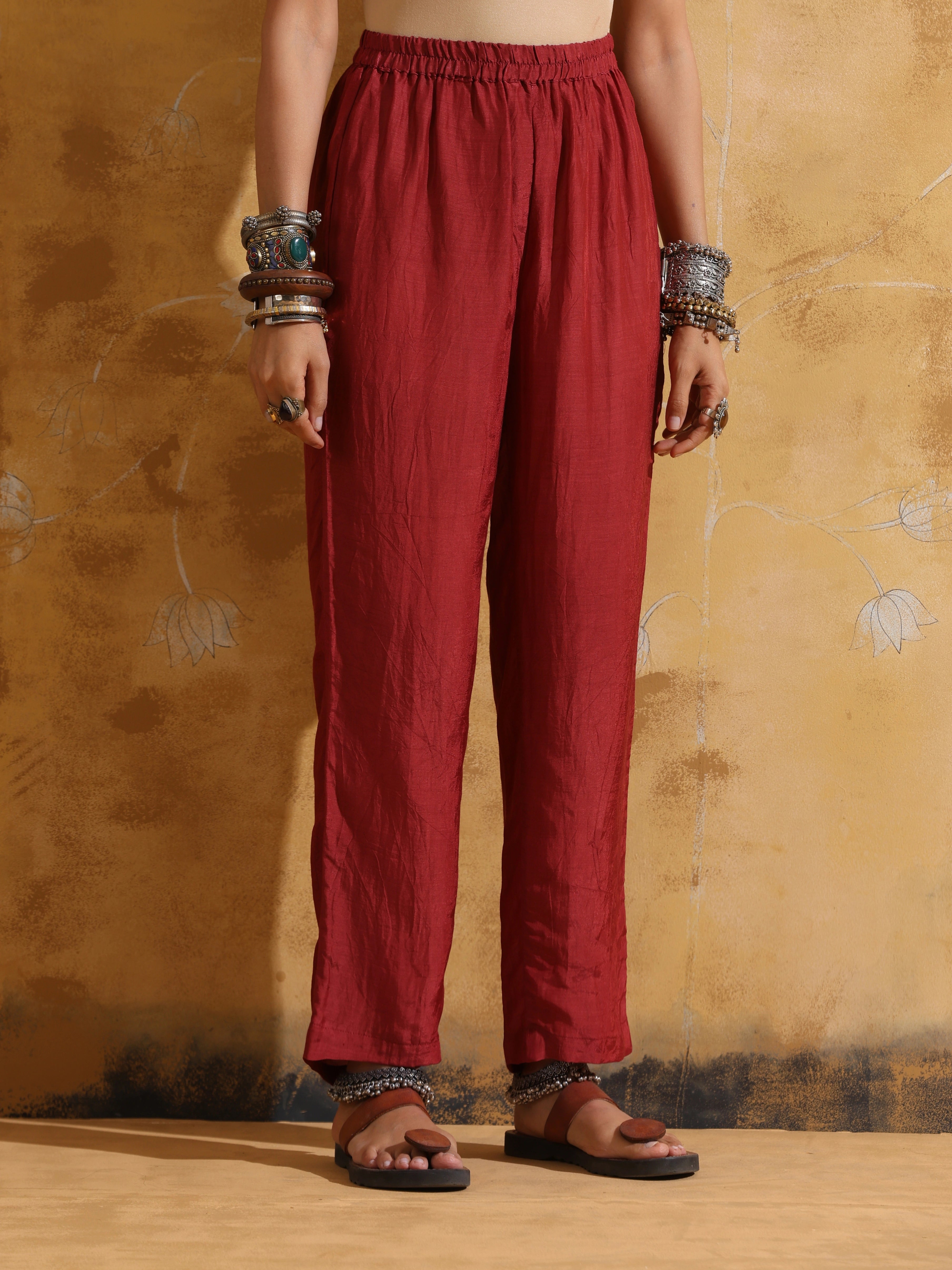 trueBrowns Mustard Rust Red Floral Print Muslin Silk Fit And Flared Kurta Set