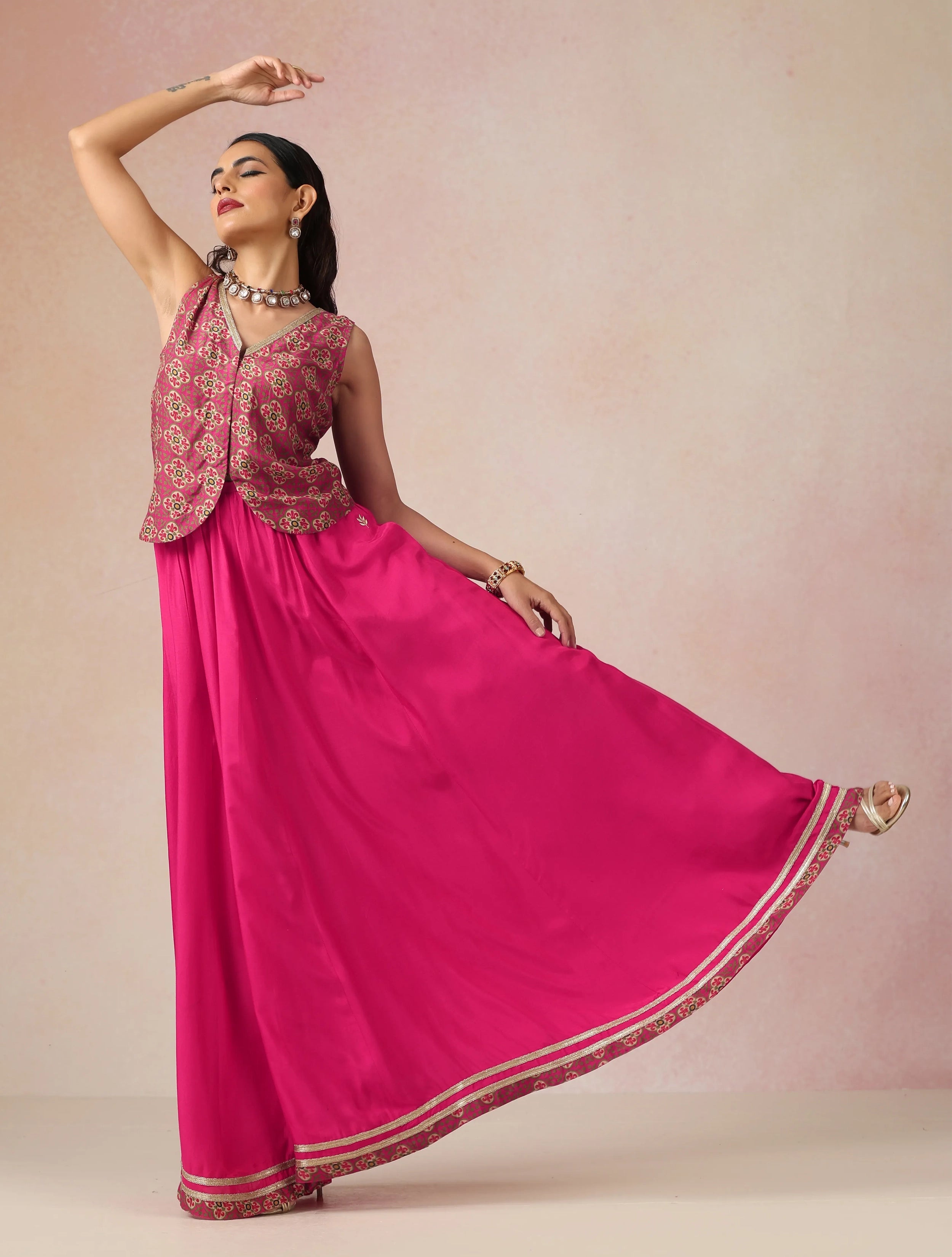 trueBrowns Pink Print Viscose Jacket Skirt Co-ord Set