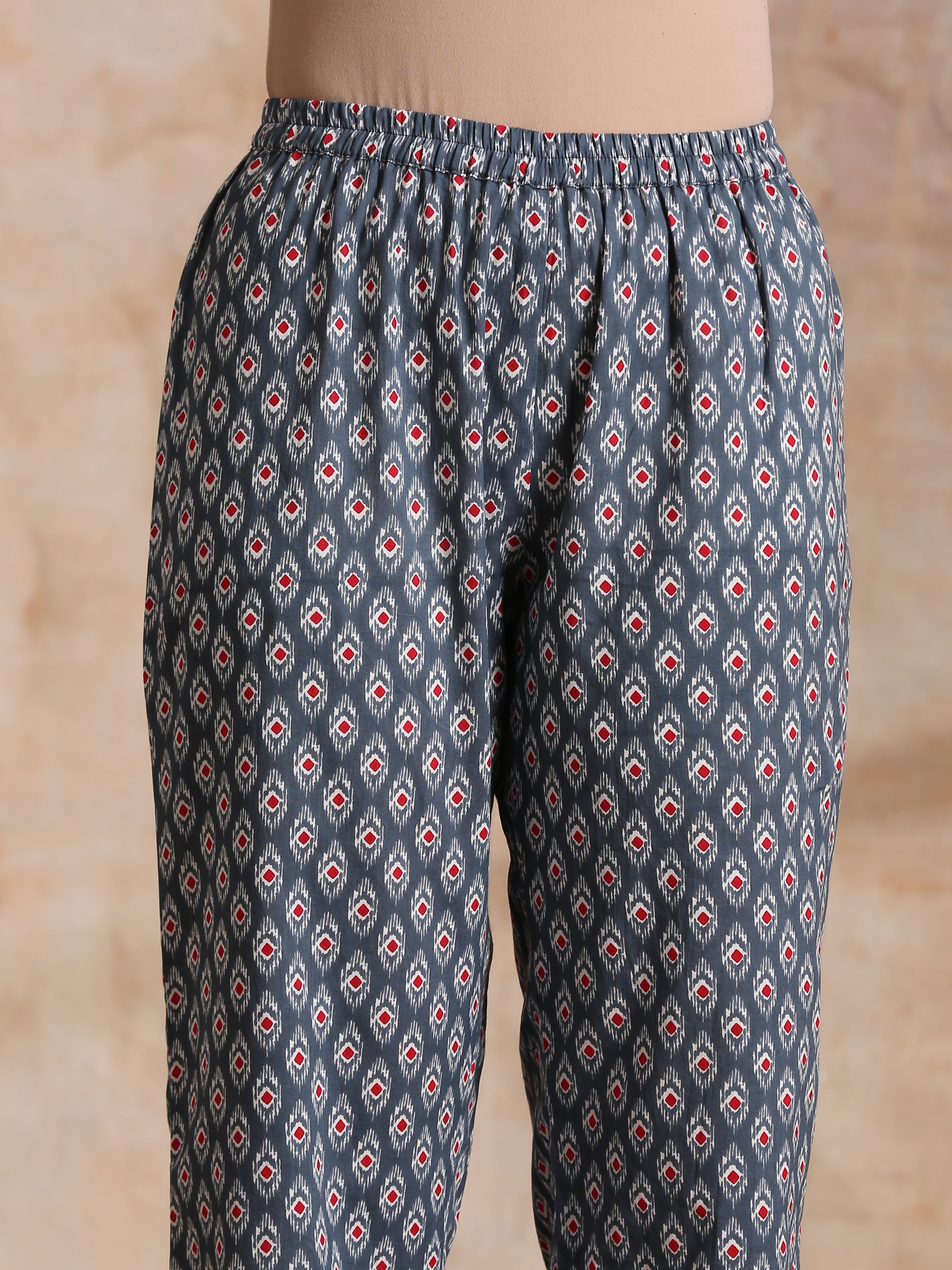 Steel Grey Ikat Print Cotton Gathers Co-Ord Set