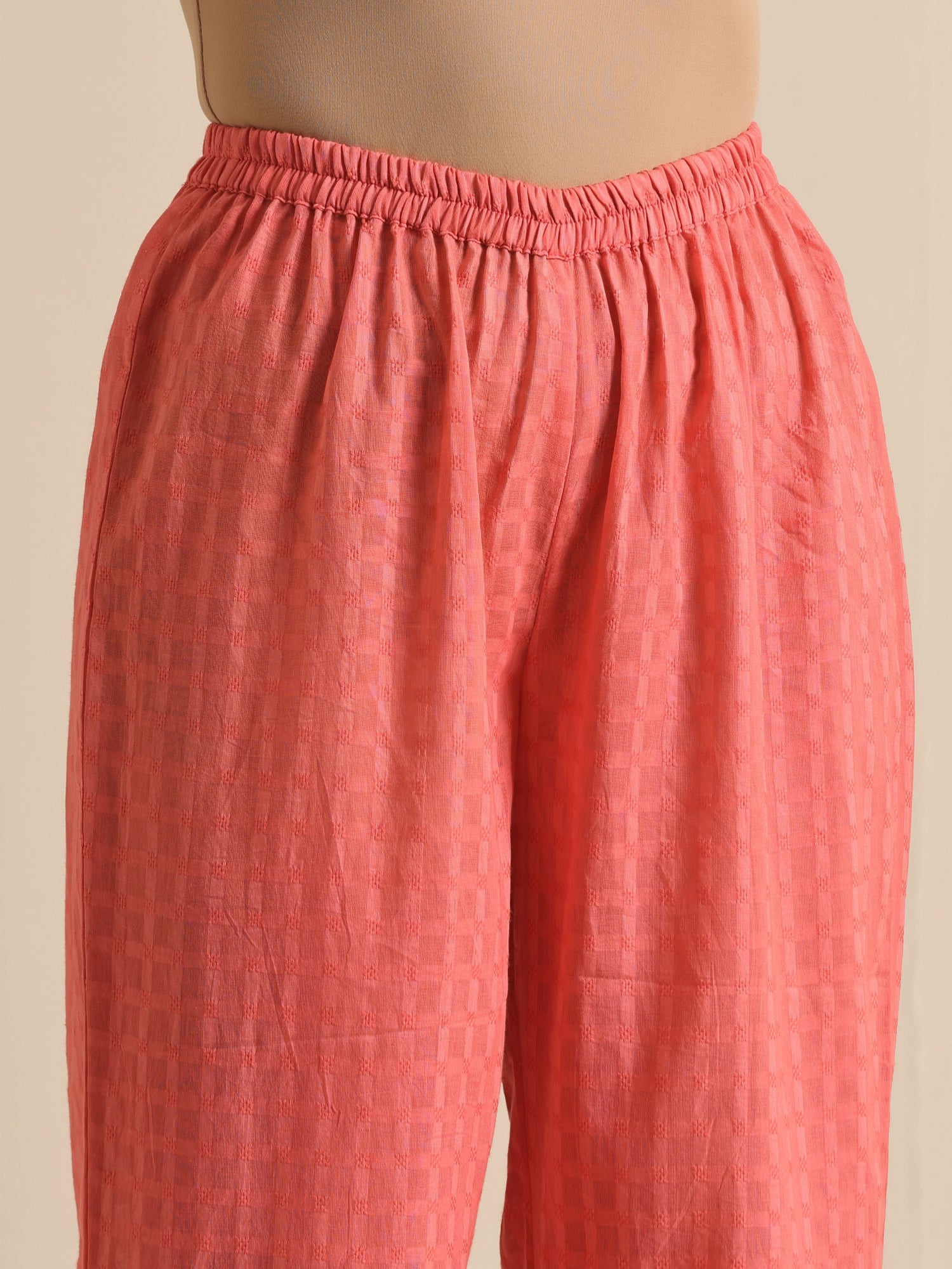 Bright Pink Dobby Angrakha Kurta Pant Set