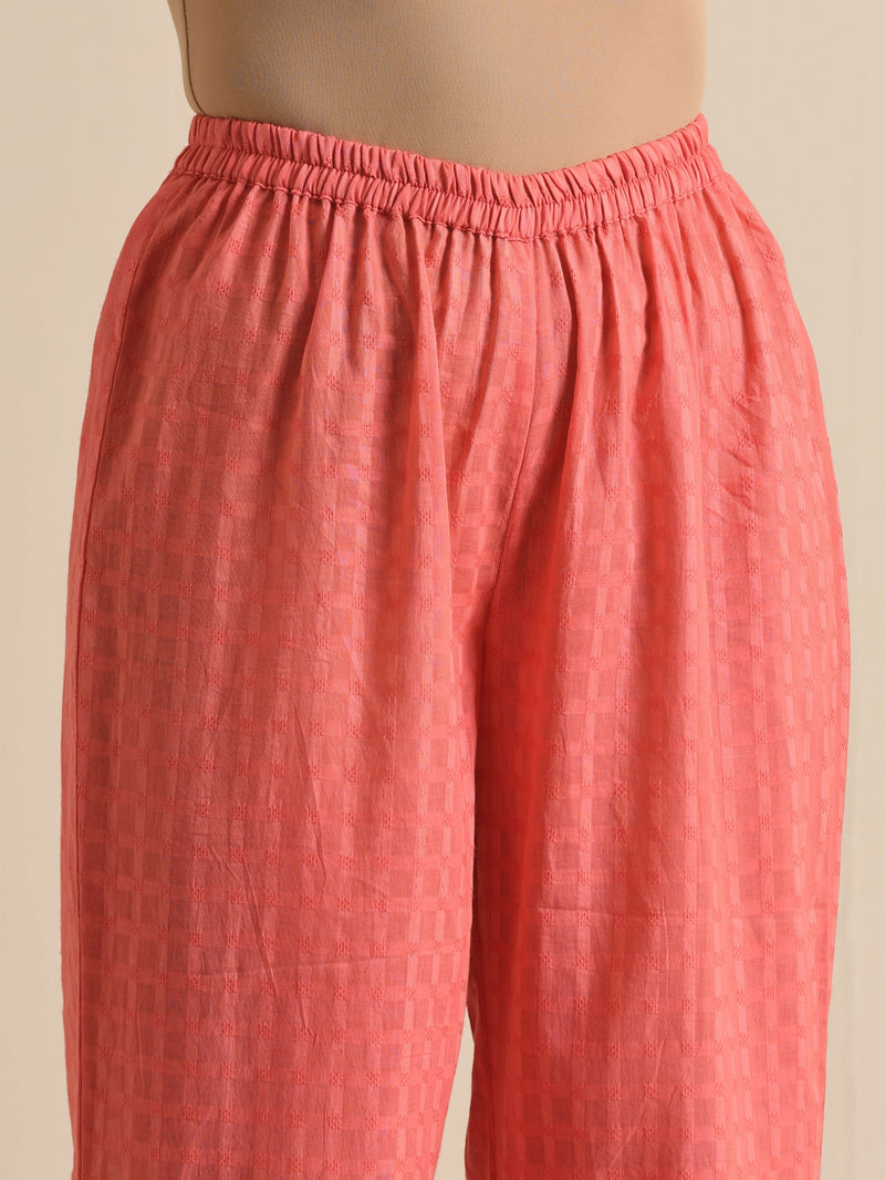 Bright Pink Dobby Angrakha Kurta Pant Set