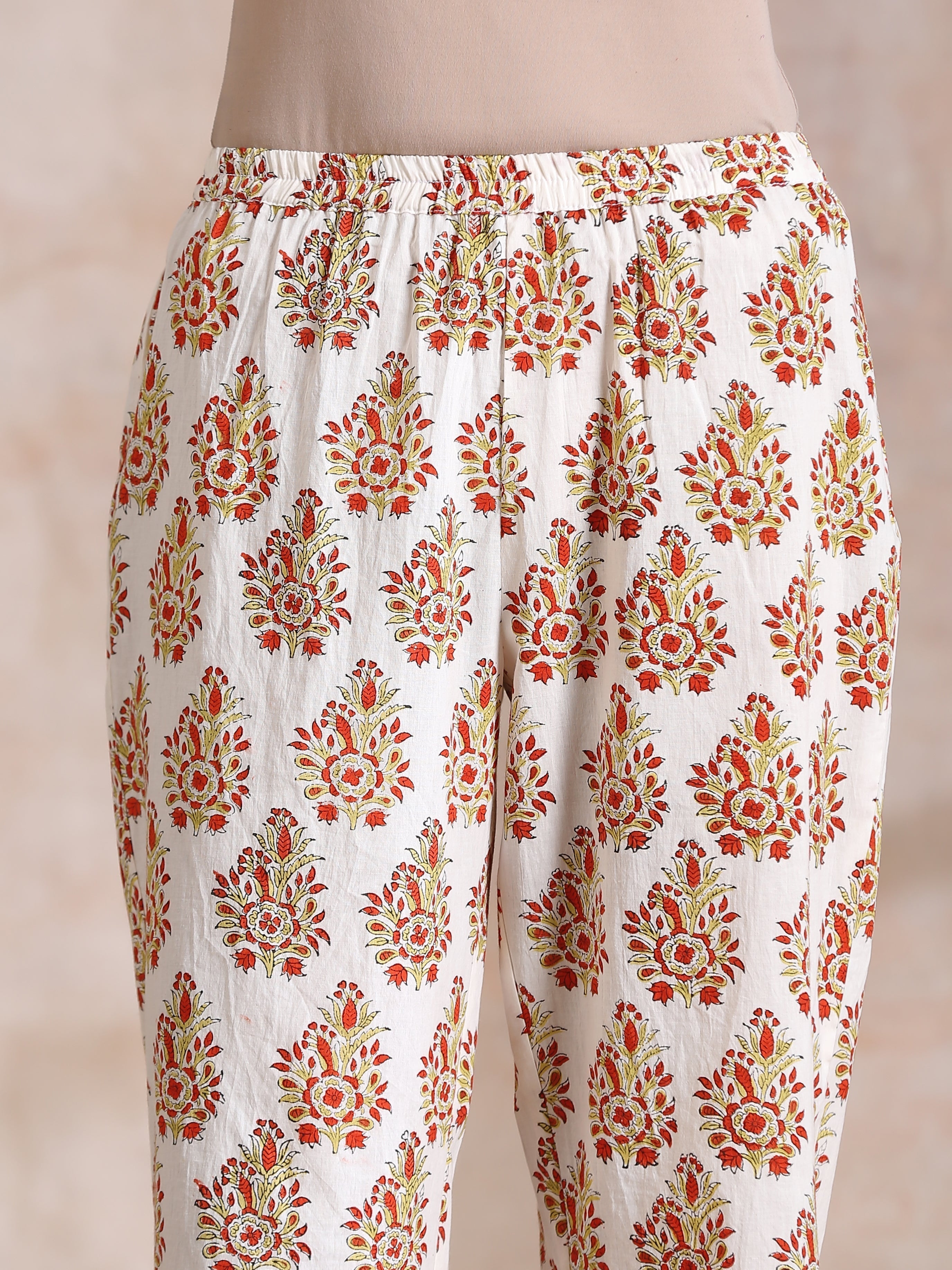 Yellow Overall Floral Block Print Cotton Sleeveless Kurta Pant Set