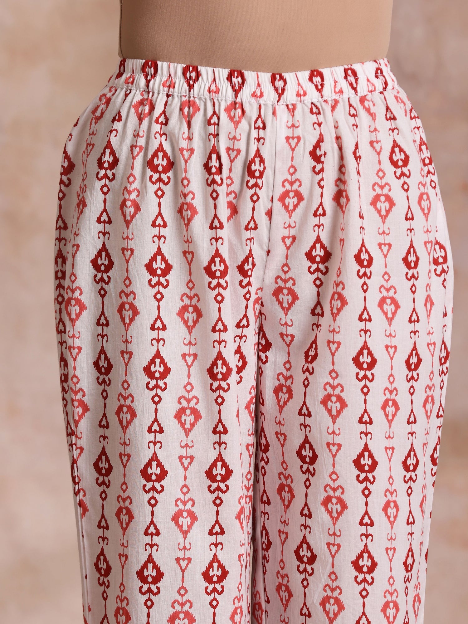 Red On Red Ikat Print Cotton Kurta Pant Set