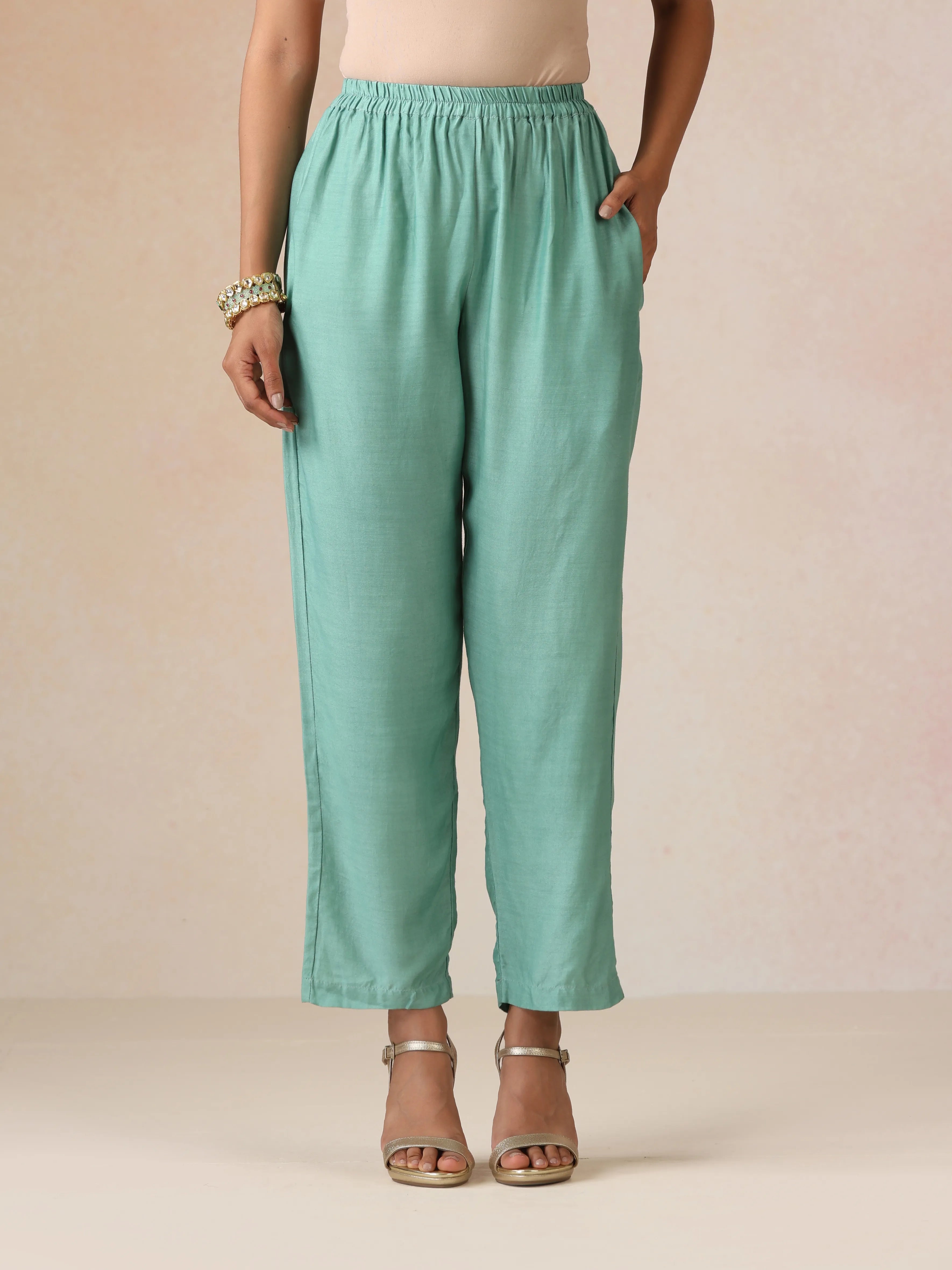 trueBrowns Mint Green Silver Foil Print Muslin Silk Asymmetric One-Shoulder Kurta Co-ord Set