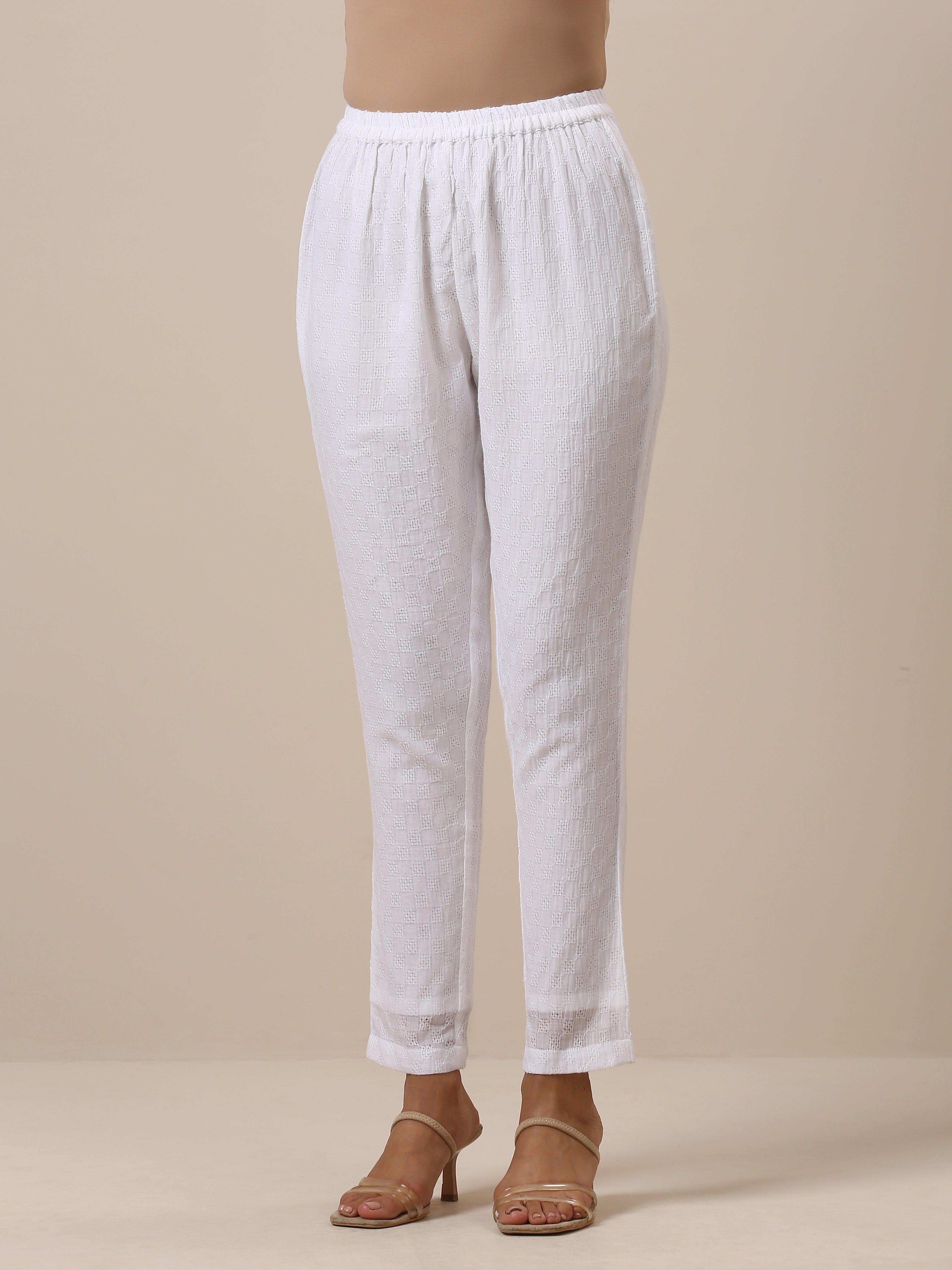 Cotton White Double Hem Embroidered Kurta Pant Set - trueBrowns