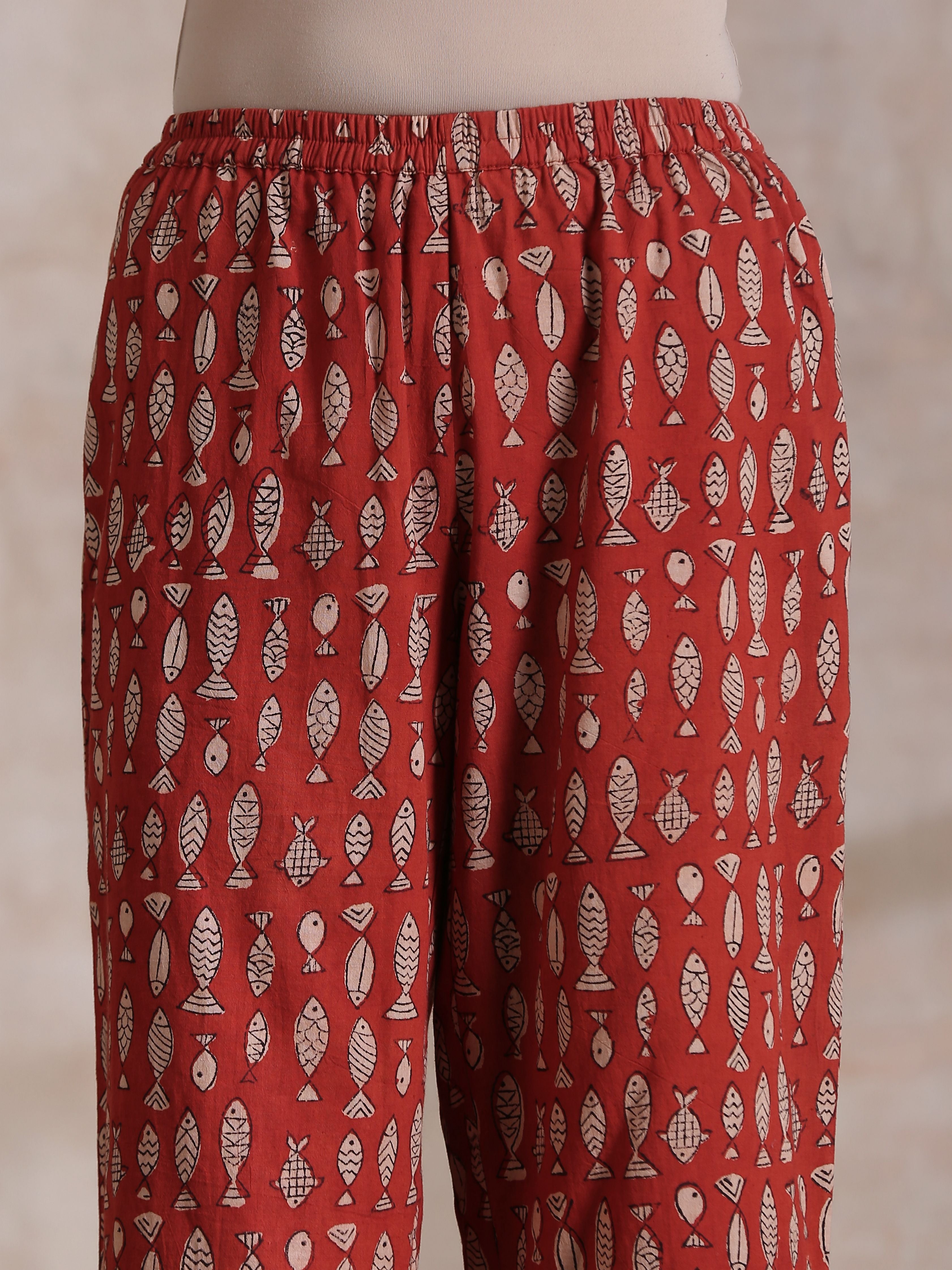 Rust Red Bagru Fish Print Cotton Gathers Co-Ord Set