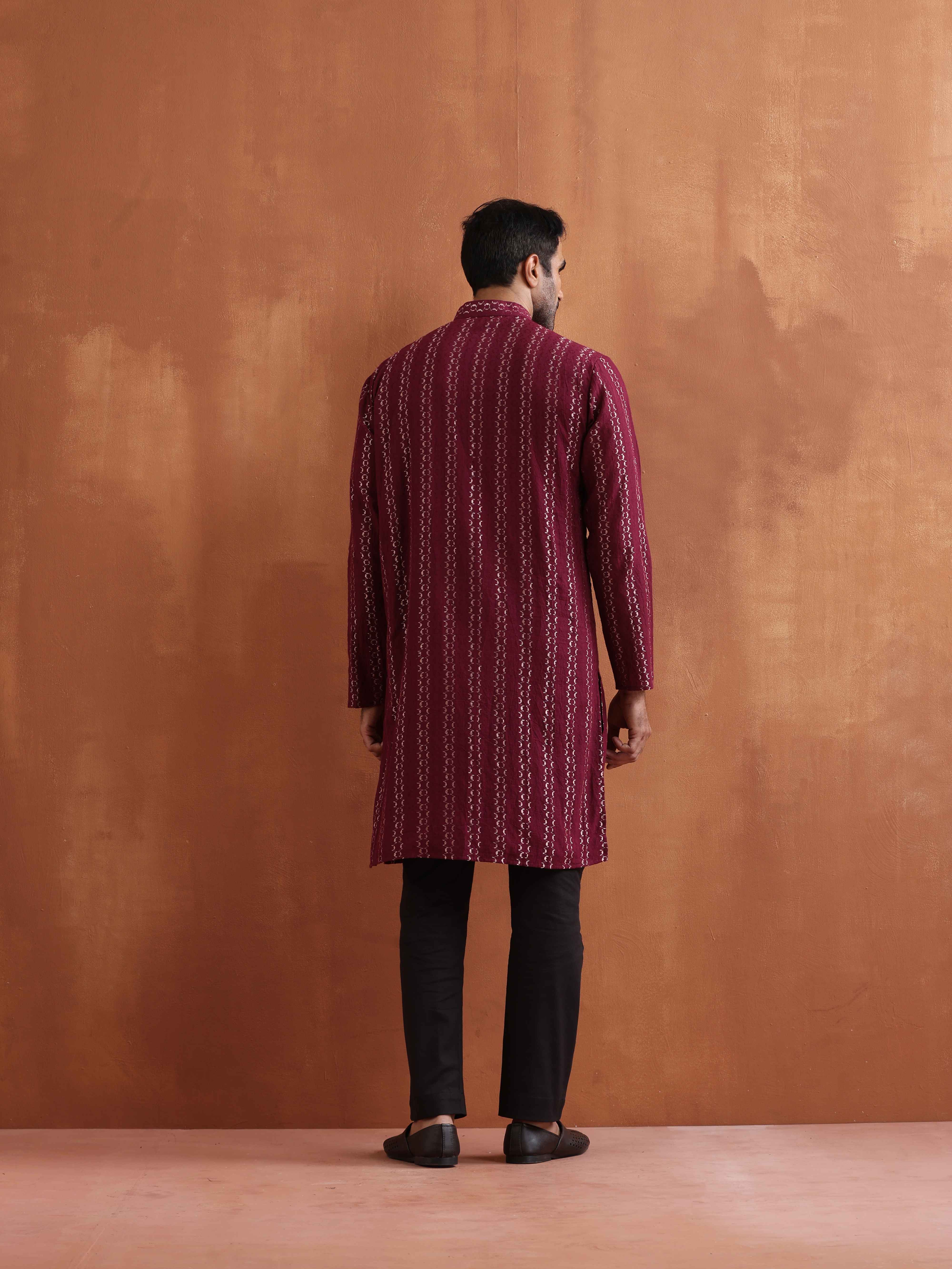 trueBrowns Men's Dark Purple Cotton Dobby Kurta