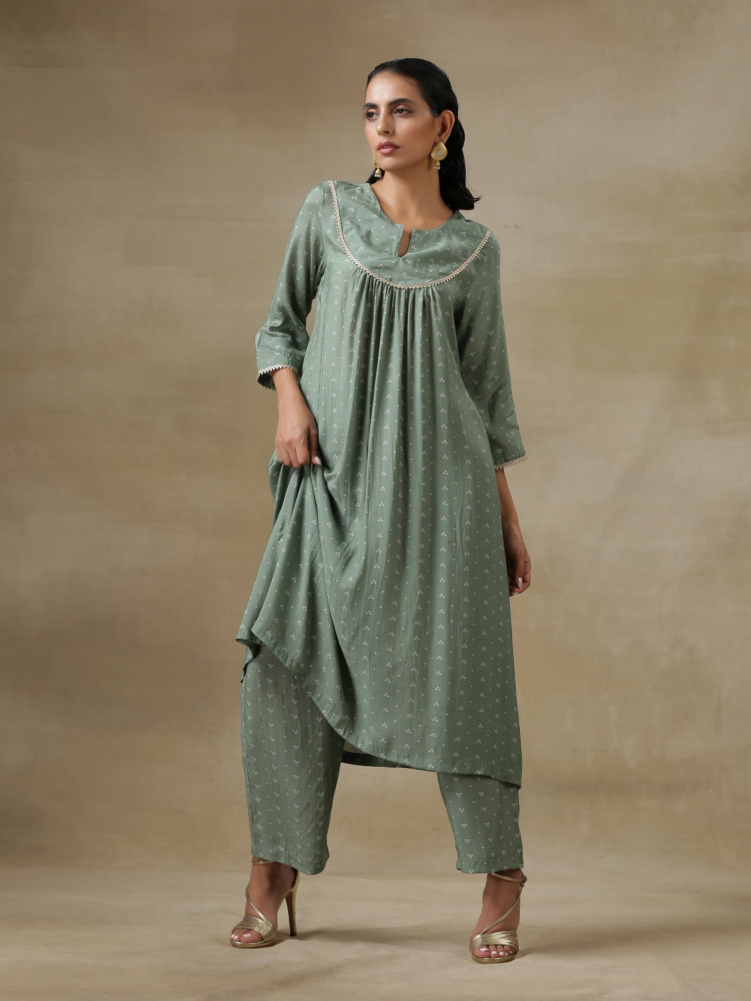 Light Green Bandhani Printed Silk Yoke Kurta Pant Set