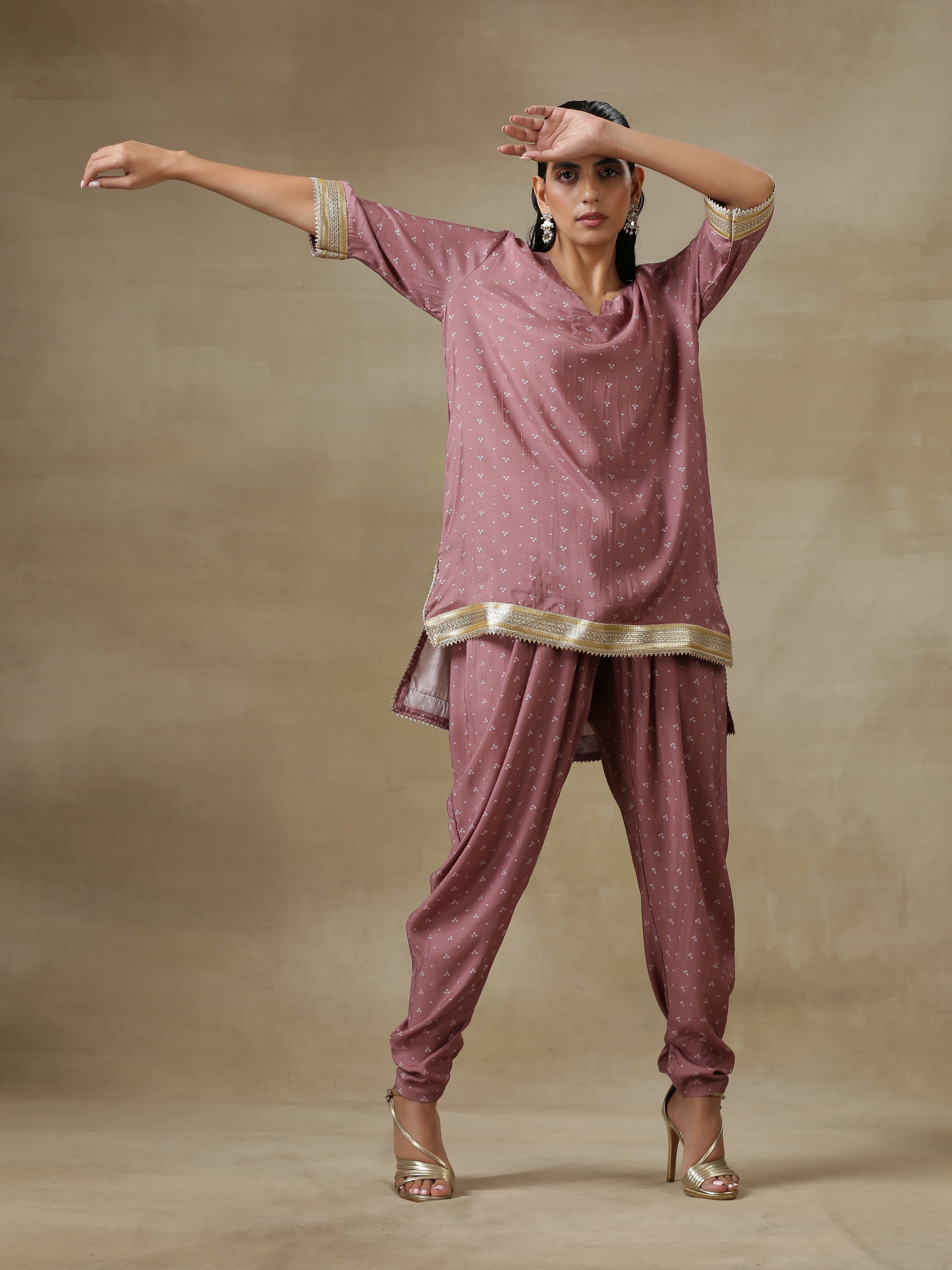 Dark Mauve Bandhani Printed Silk Loose Kurta Dhoti Pant Set