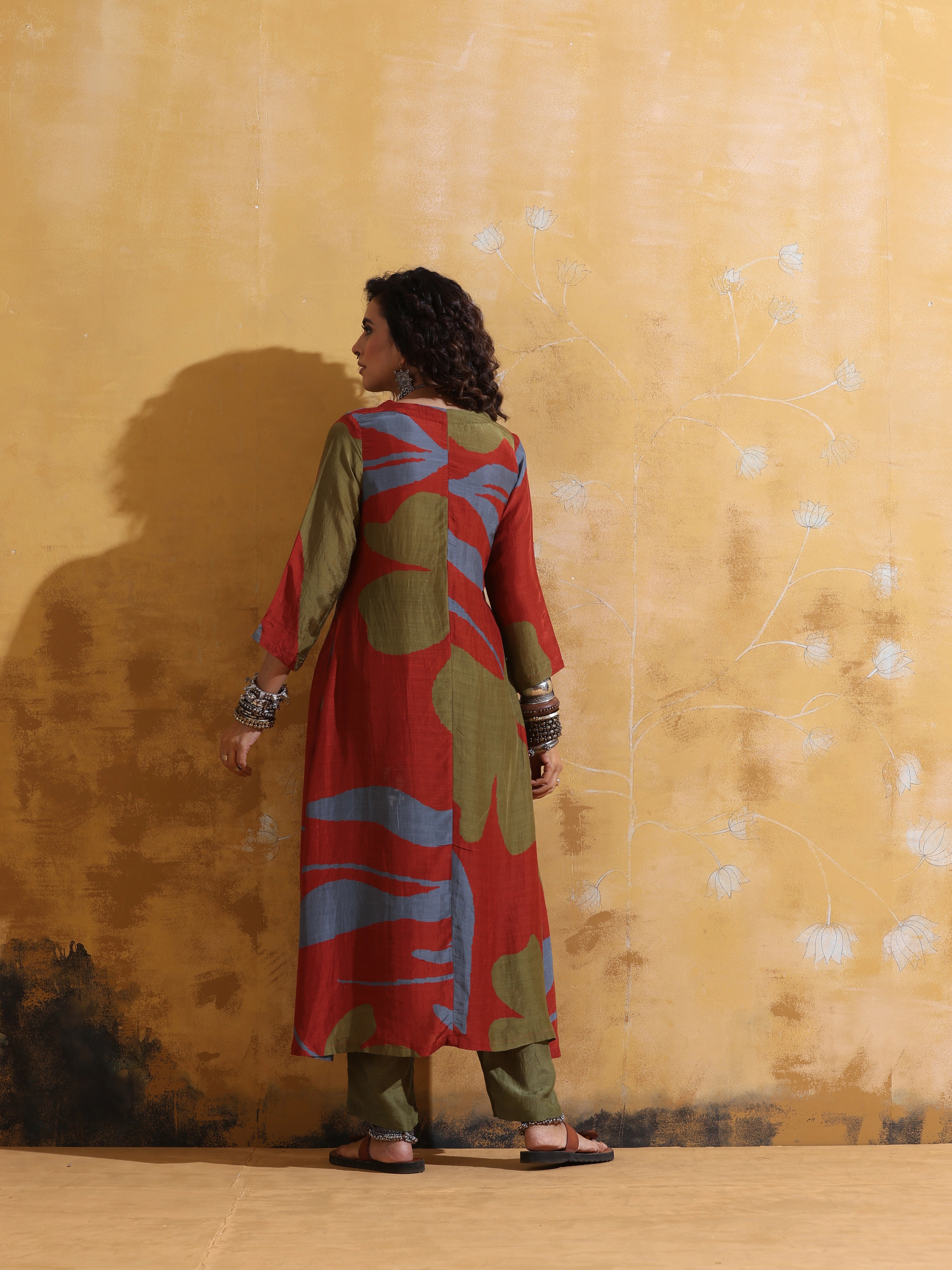 trueBrowns Rust Red Green Floral Print Muslin Silk Angrakha Kurta Set