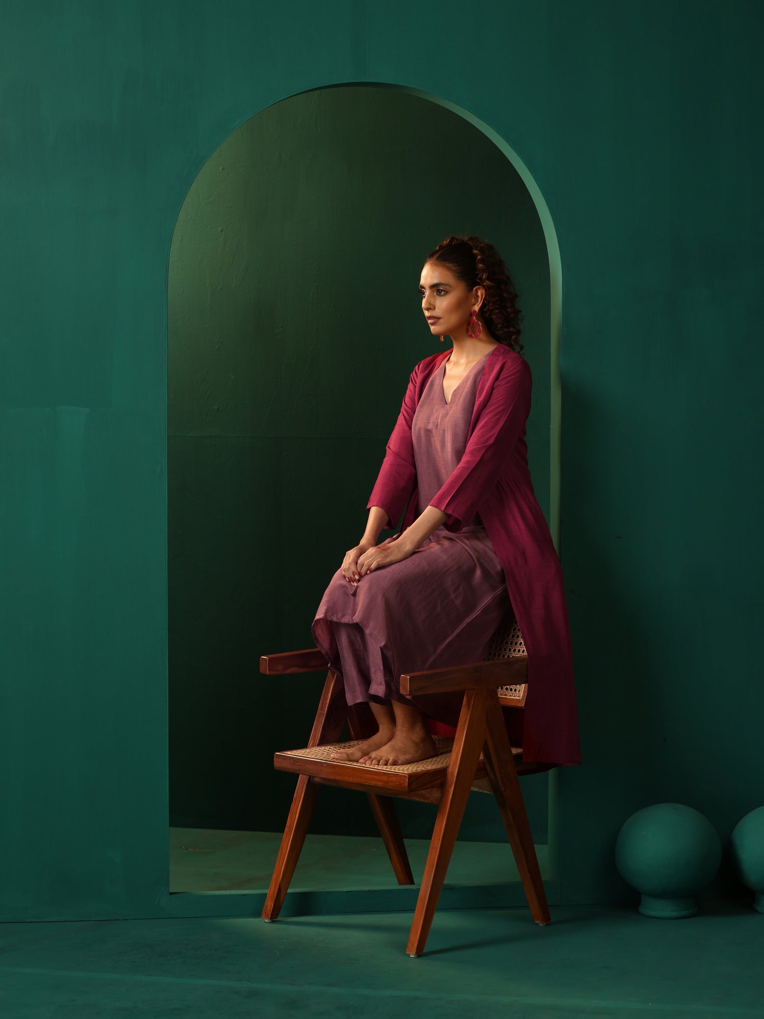 trueBrowns Maroon Light Mauve Silk Jacket Kurta Set