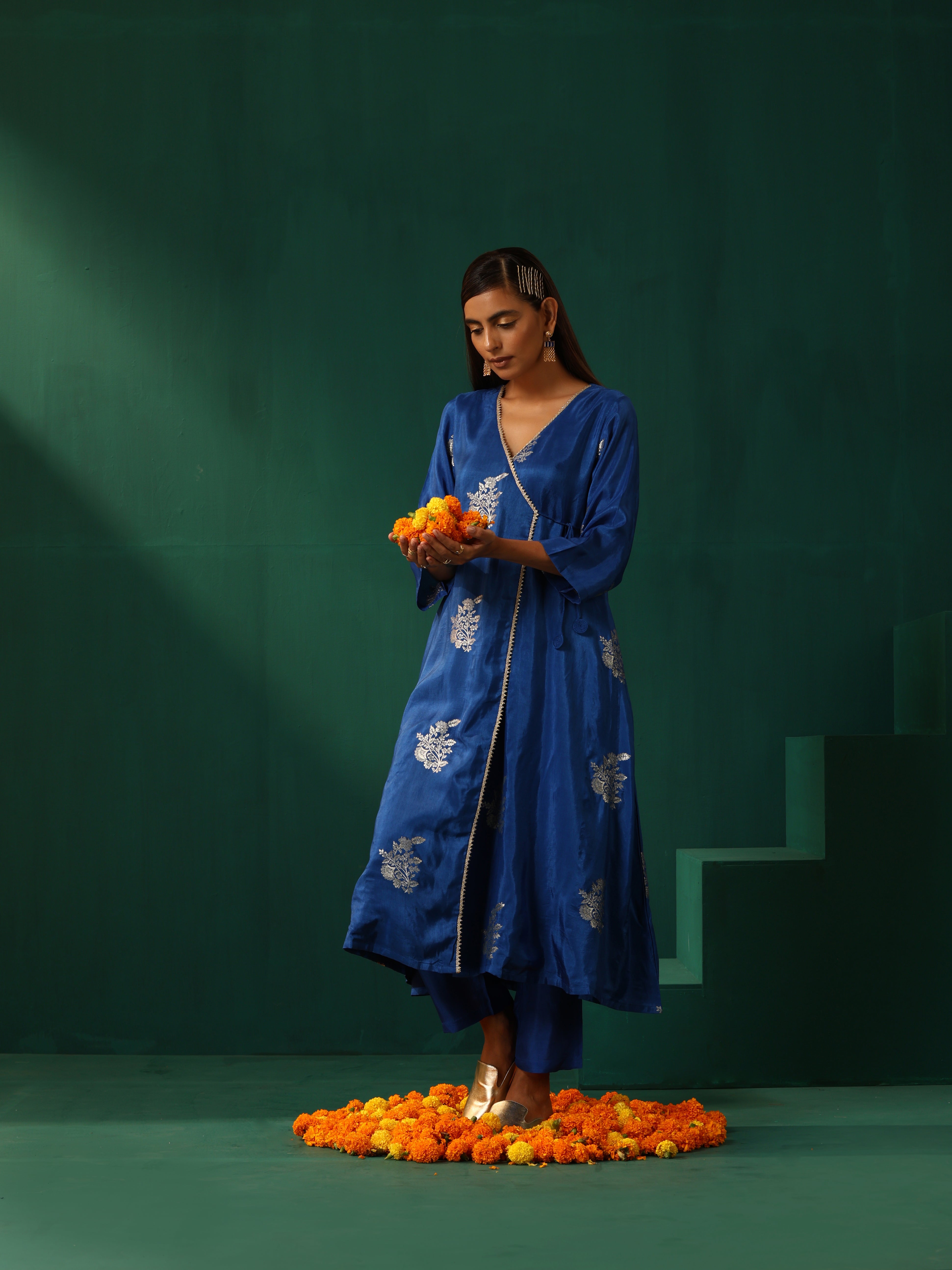 trueBrowns Royal Blue Floral Viscose Silk Angrakha Kurta Pant Set