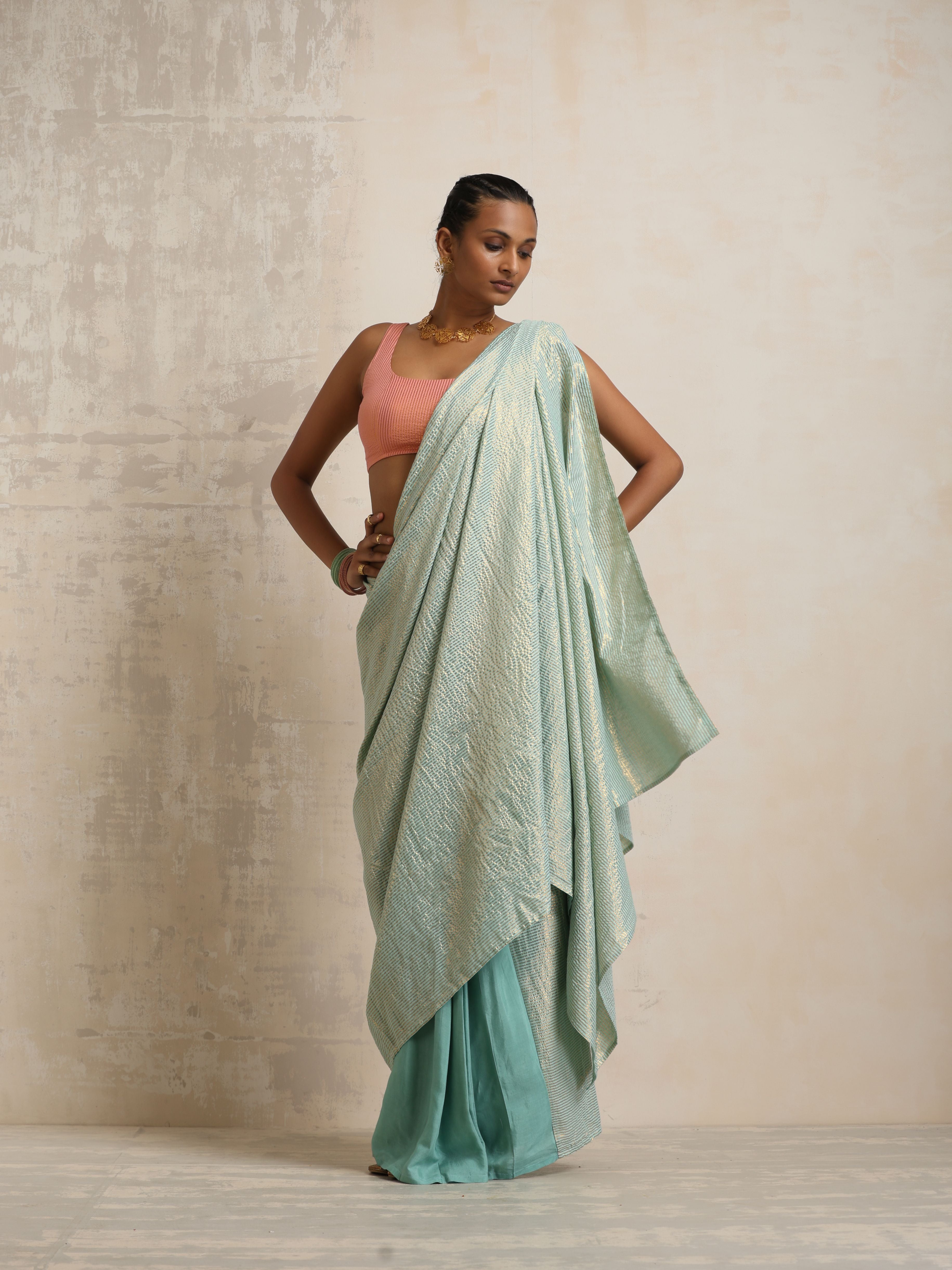 trueBrowns Blue Gold Lurex Ready To Wear Saree