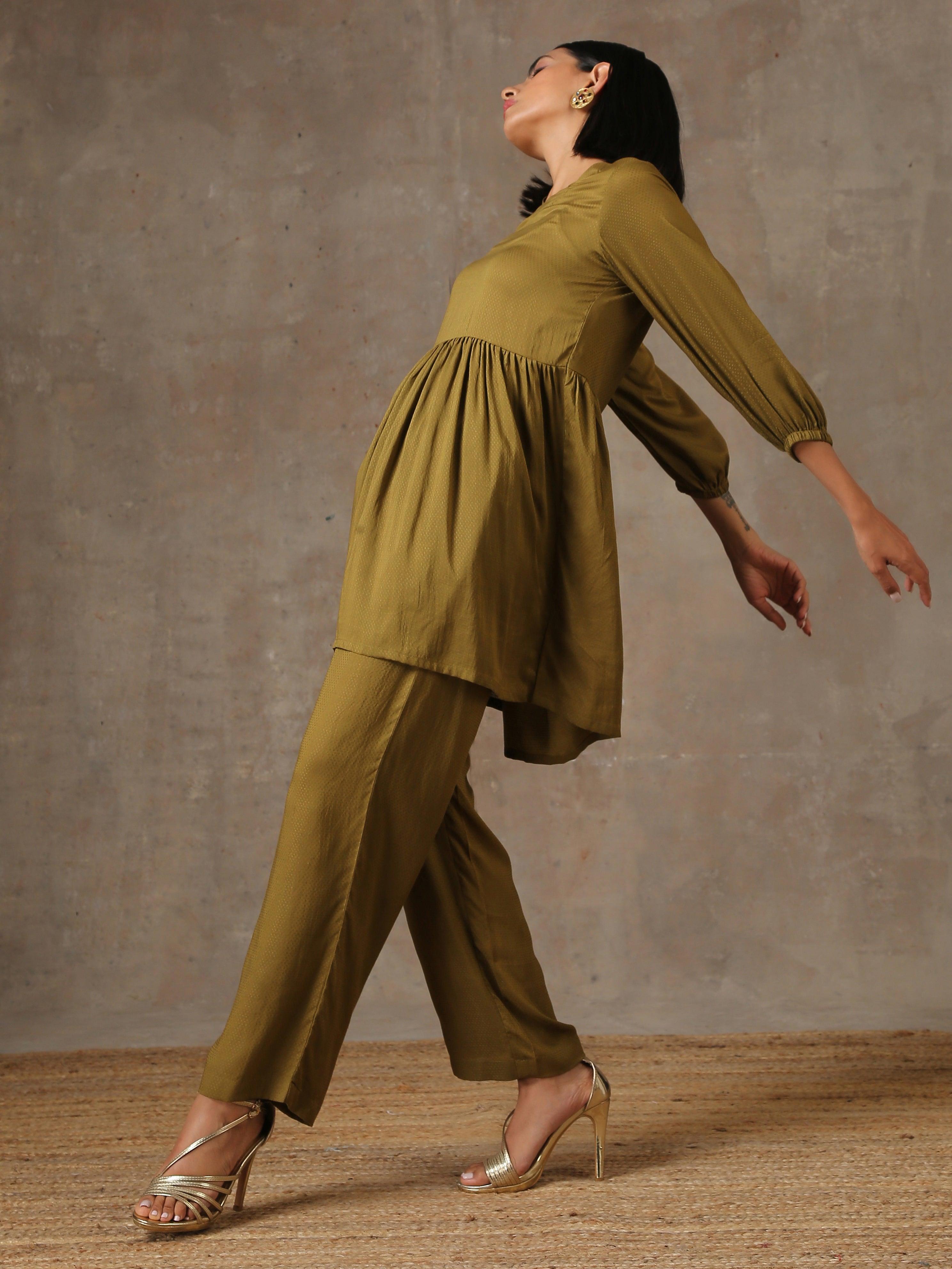 The Queen - Olive Green Solid Gathered Co-Ord Set - trueBrowns