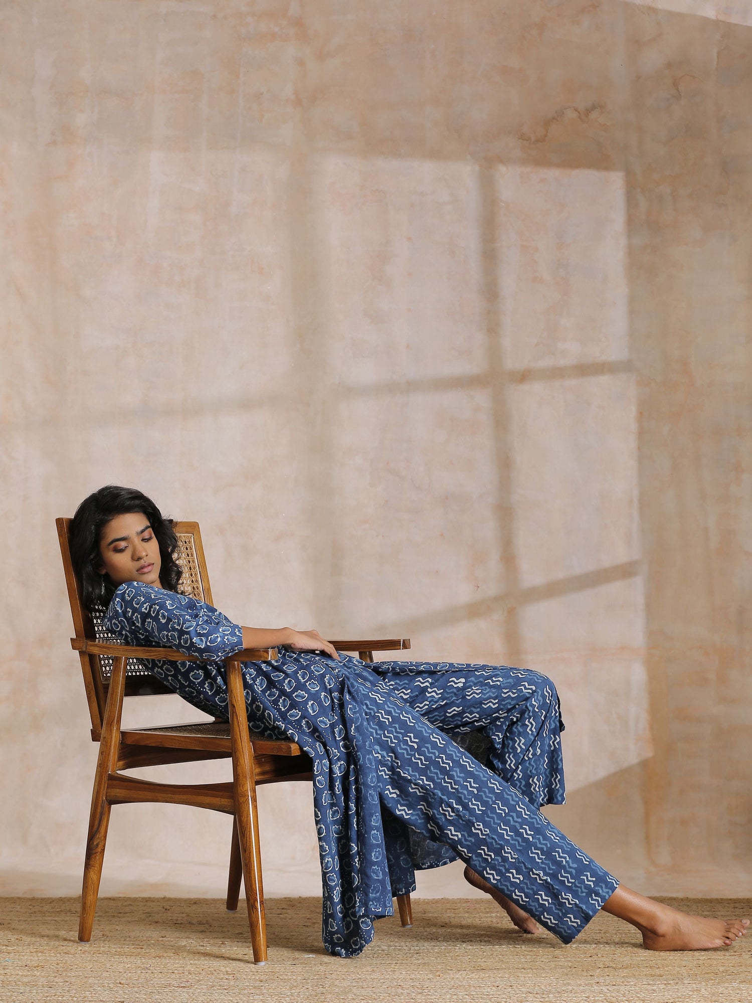 Indigo Dabu Floral Print Cotton Kurta Pant Set