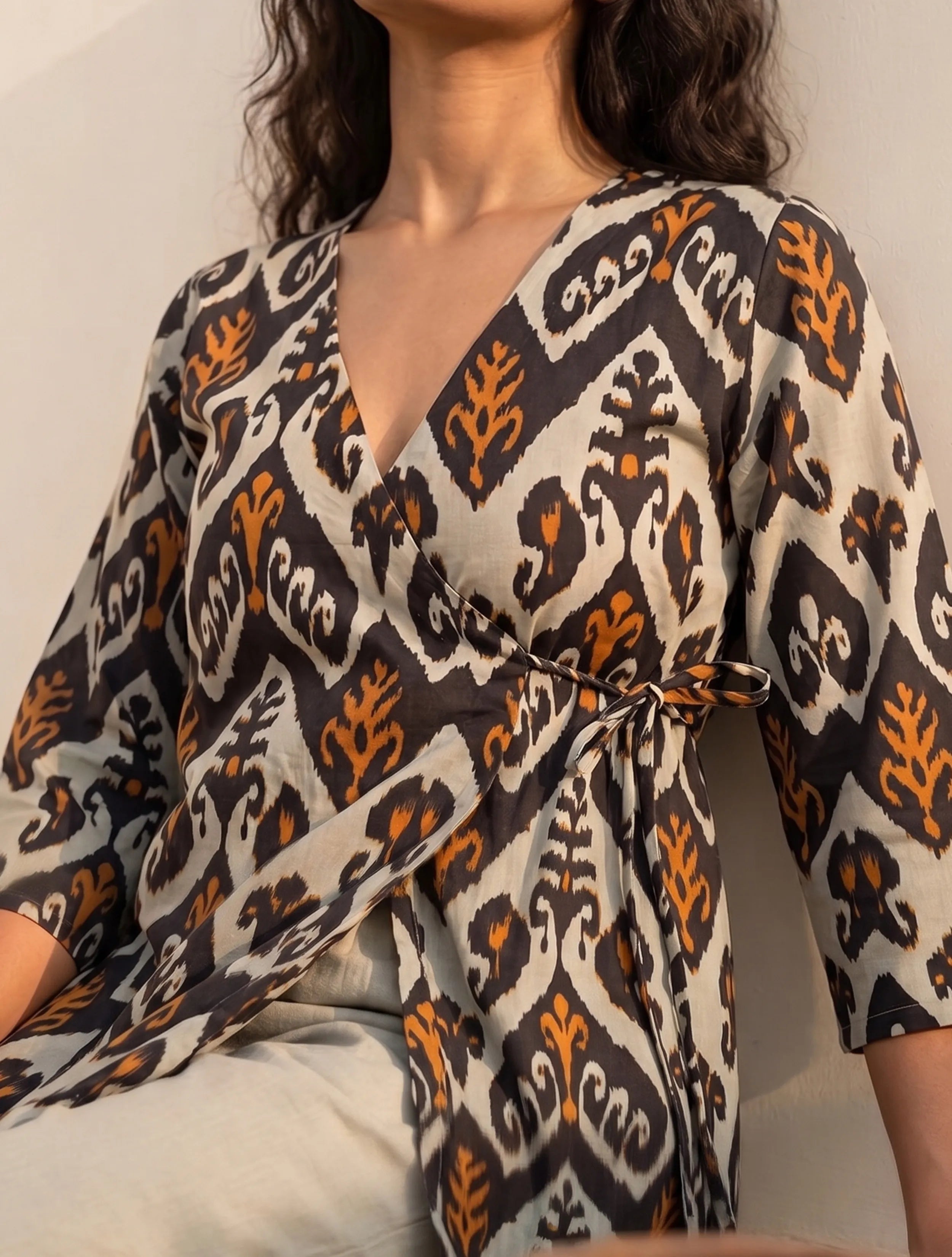 trueBrowns Mint Green Ikat Print Cotton Angrakha Kurta Set