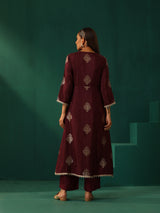trueBrowns Wine Geometric Viscose Silk Kurta Pant Set