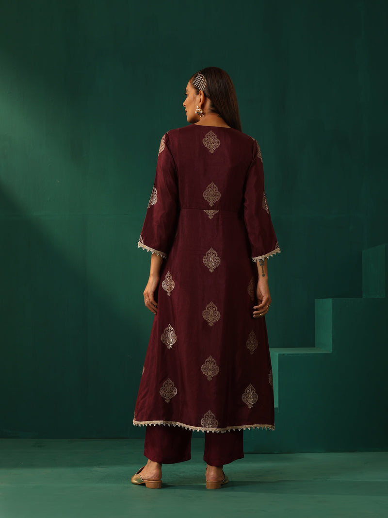 trueBrowns Wine Geometric Viscose Silk Kurta Pant Set