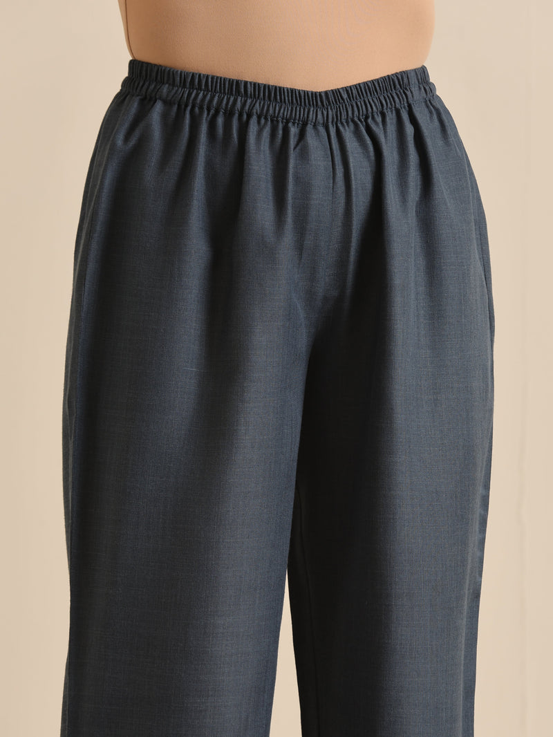 Light Blue Slub Gathered Kurta Pant Set