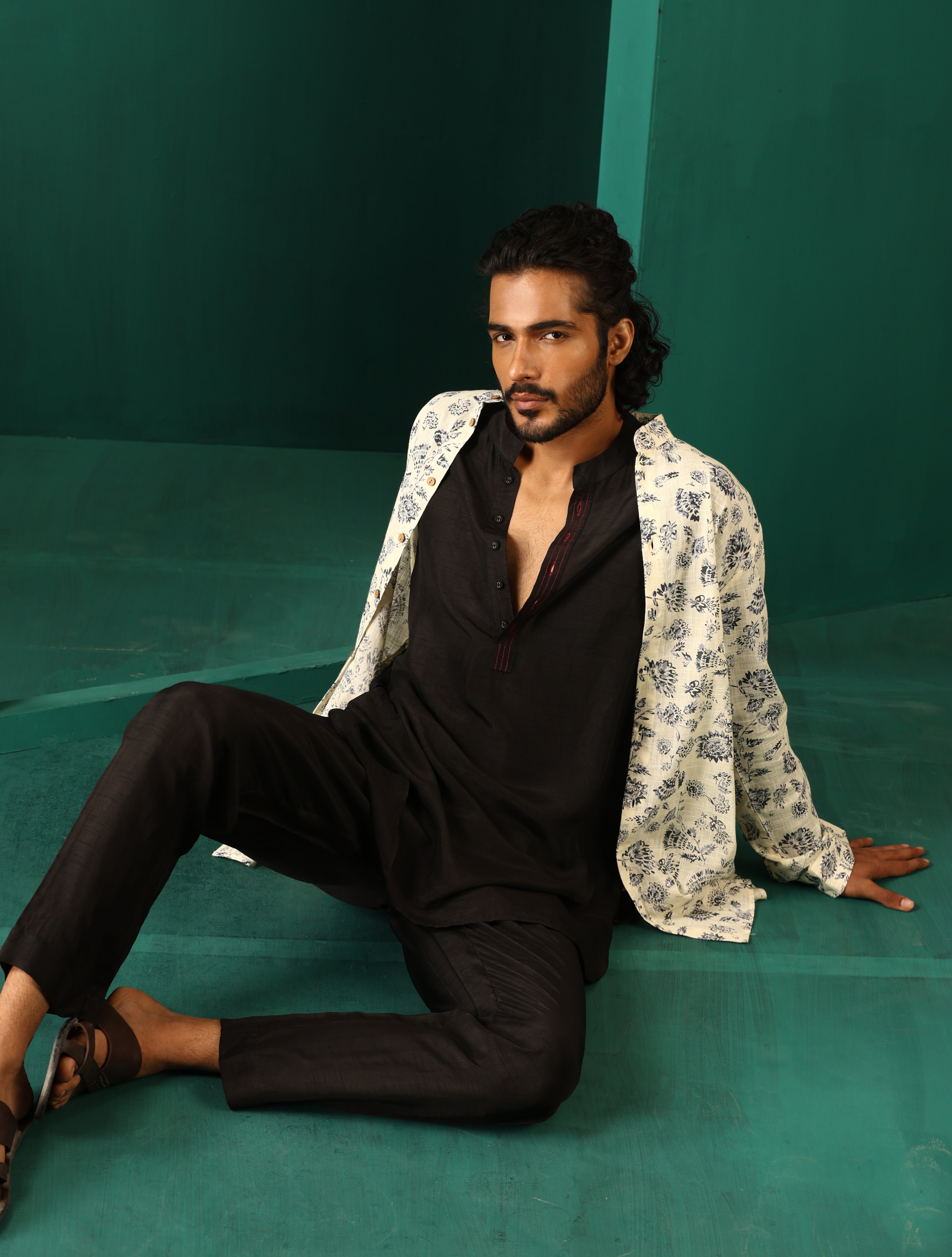 trueBrowns Men Black Silk Co-ord Set Stitch Detail