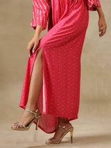 Pink Bandhani Printed Silk Drop Shoulder Dress | Relove