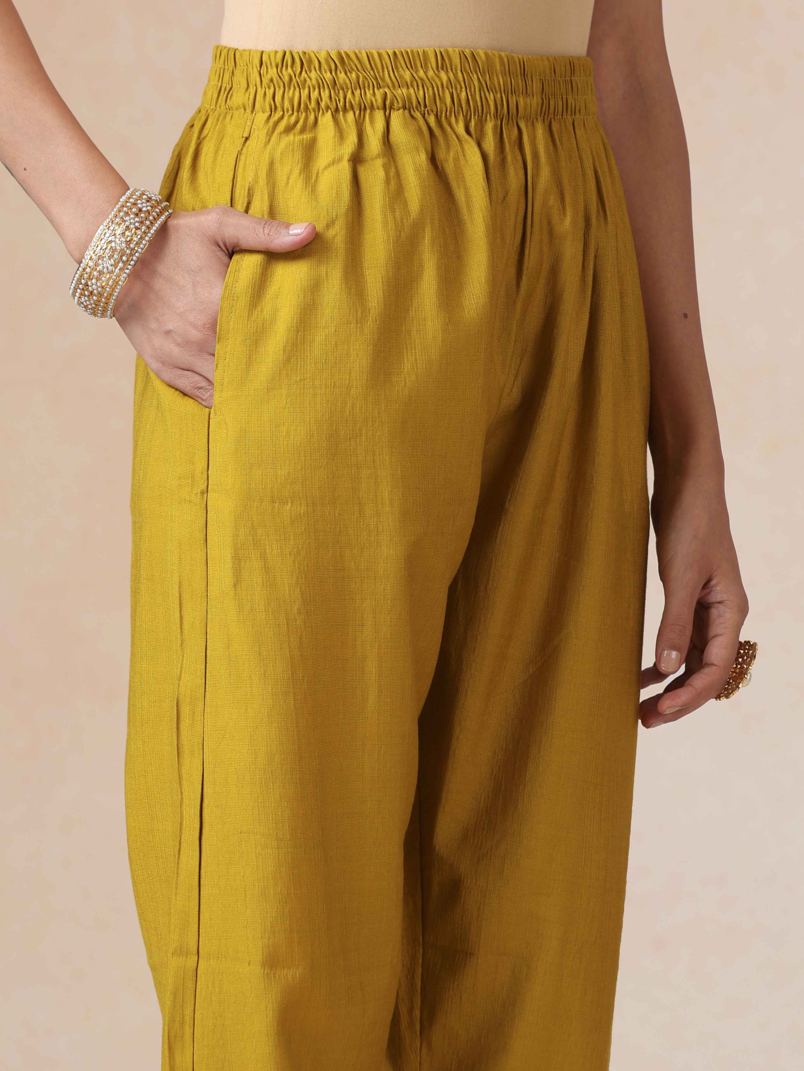 trueBrowns Mustard Embroidered Straight Kurta Pant Dupatta Set