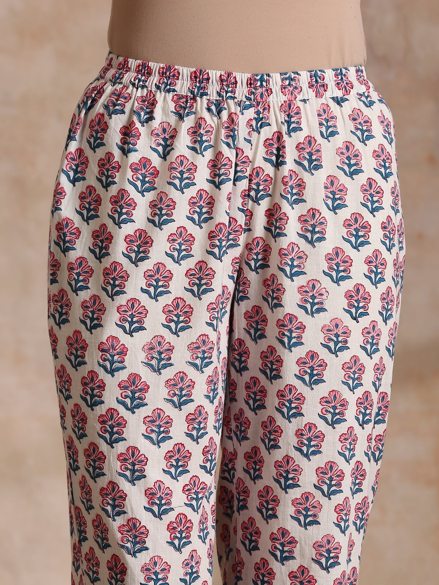 White With Pink Blue Floral Block Print Cotton Flared Slit Kurta Pant Set