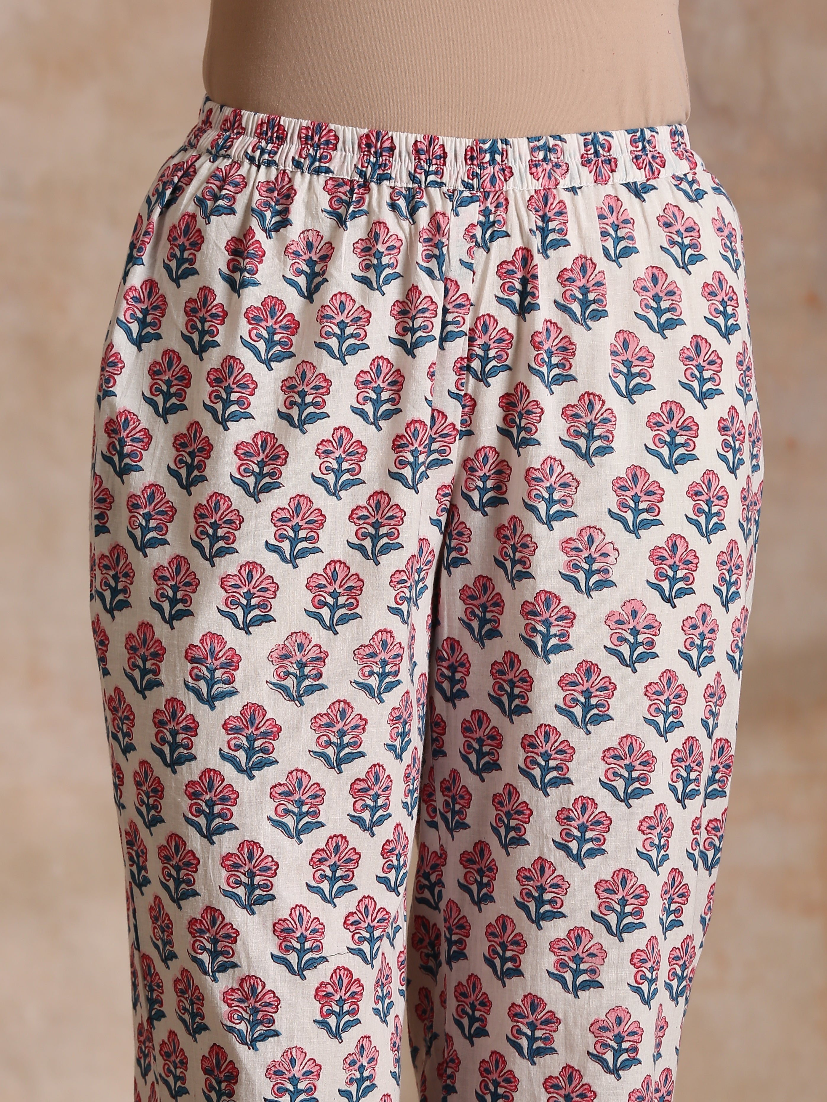 White With Pink Blue Floral Block Print Cotton Flared Slit Kurta Pant Set
