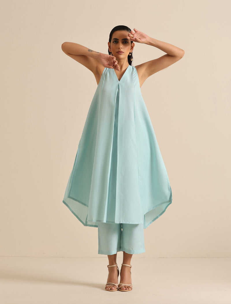 Sky Blue Slub Sleeveless Flared Kurta Pant Set